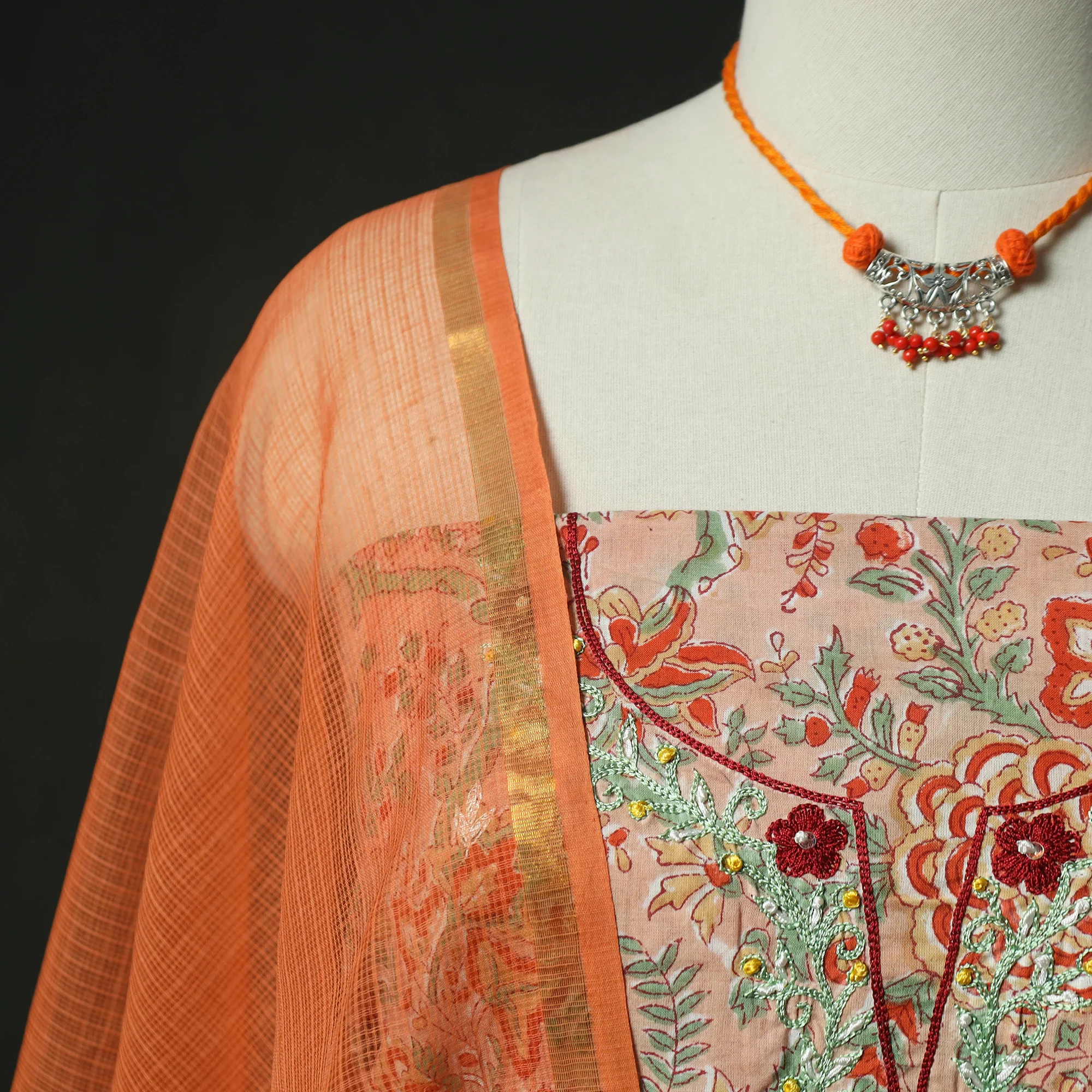 Beige - Hand Embroidered Sanganeri Block Print Cotton 2pc Unstitched Dress Material Kurta Set with Jewellery 01 - Image 3