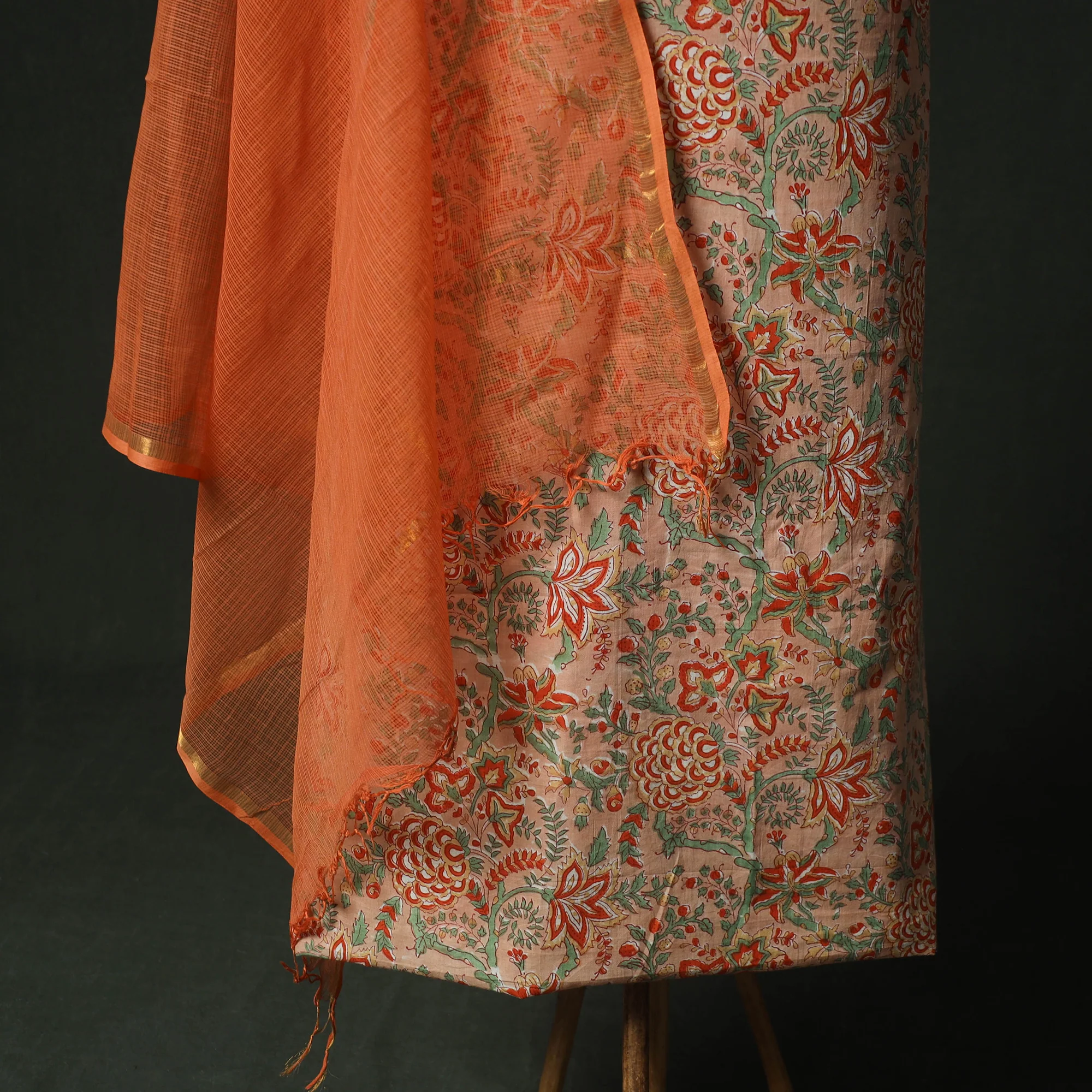 Beige - Hand Embroidered Sanganeri Block Print Cotton 2pc Unstitched Dress Material Kurta Set with Jewellery 01 - Image 4