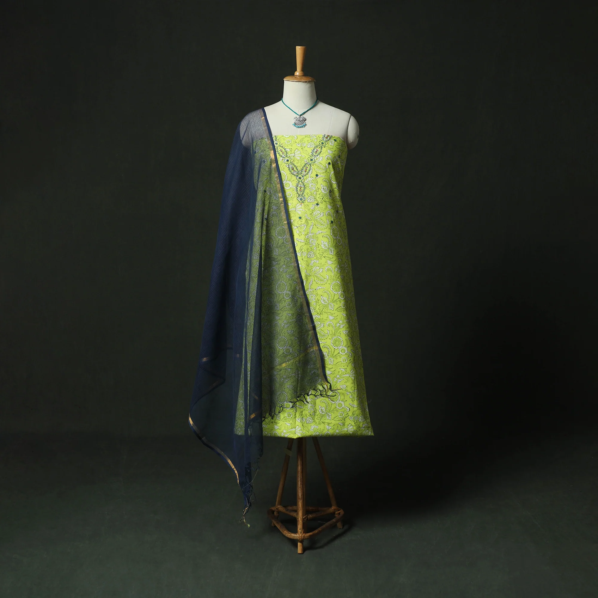 Green - Hand Embroidered Sanganeri Block Print Cotton 2pc Unstitched Dress Material Kurta Set with Jewellery 02