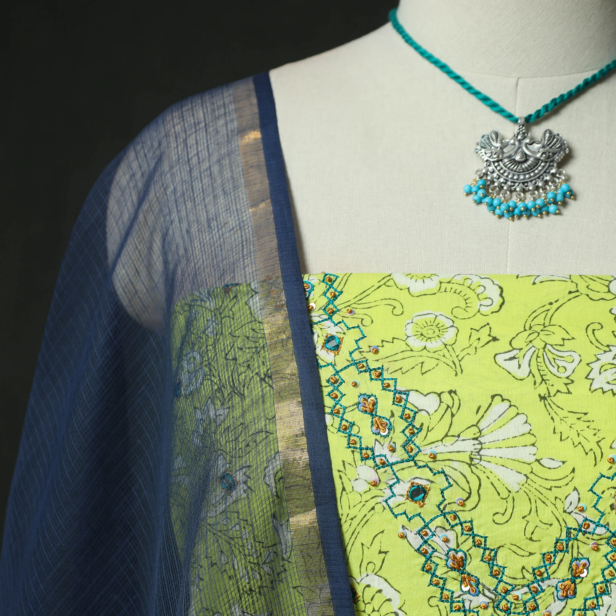 Green - Hand Embroidered Sanganeri Block Print Cotton 2pc Unstitched Dress Material Kurta Set with Jewellery 02 - Image 3