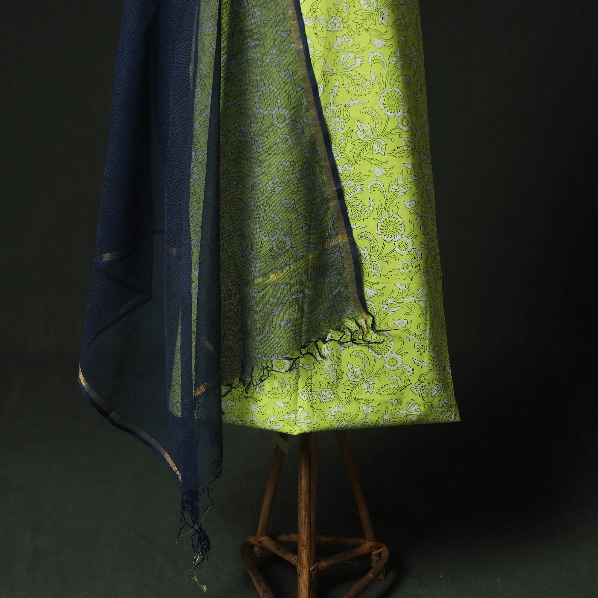 Green - Hand Embroidered Sanganeri Block Print Cotton 2pc Unstitched Dress Material Kurta Set with Jewellery 02 - Image 4