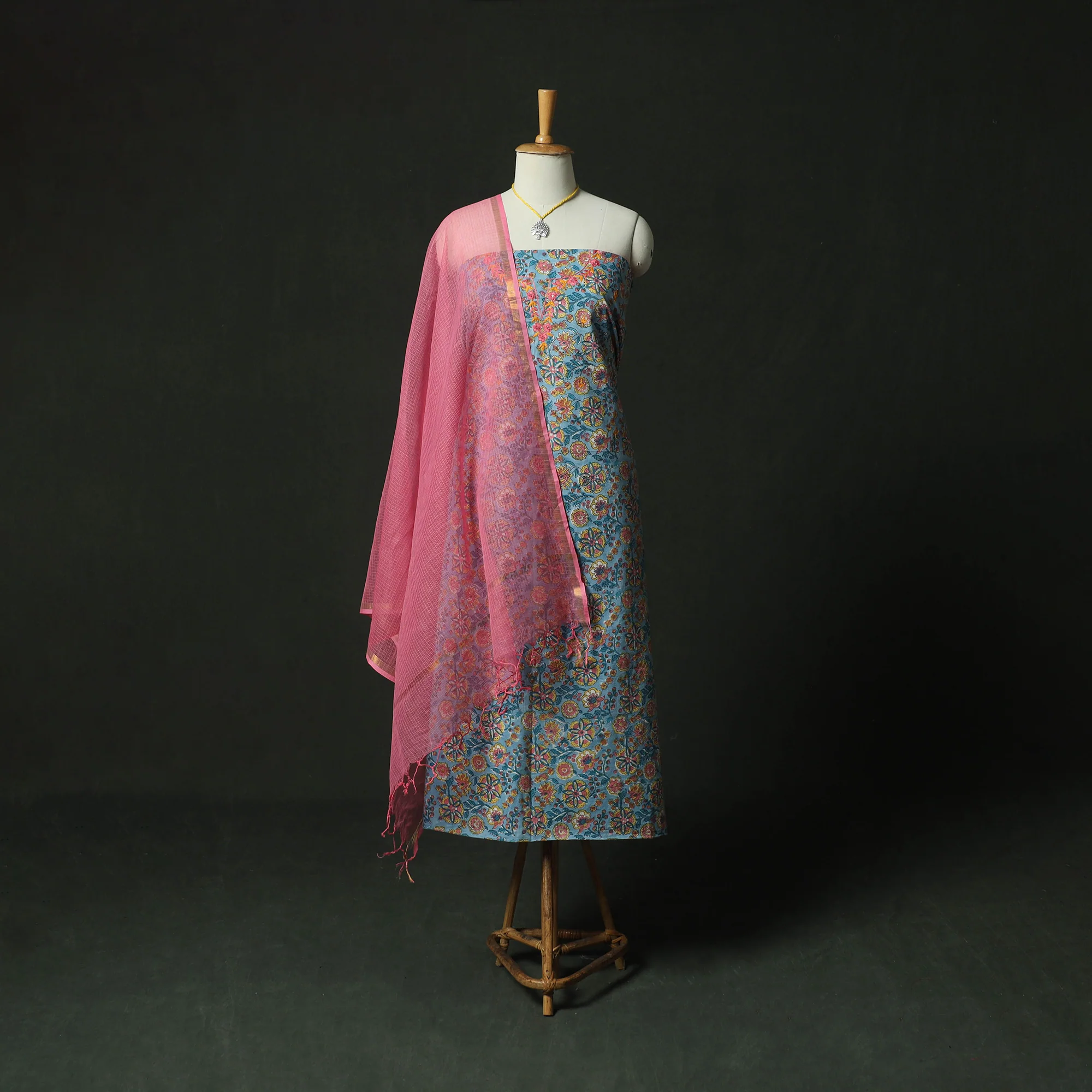 Blue - Hand Embroidered Sanganeri Block Print Cotton 2pc Unstitched Dress Material Kurta Set with Jewellery 03