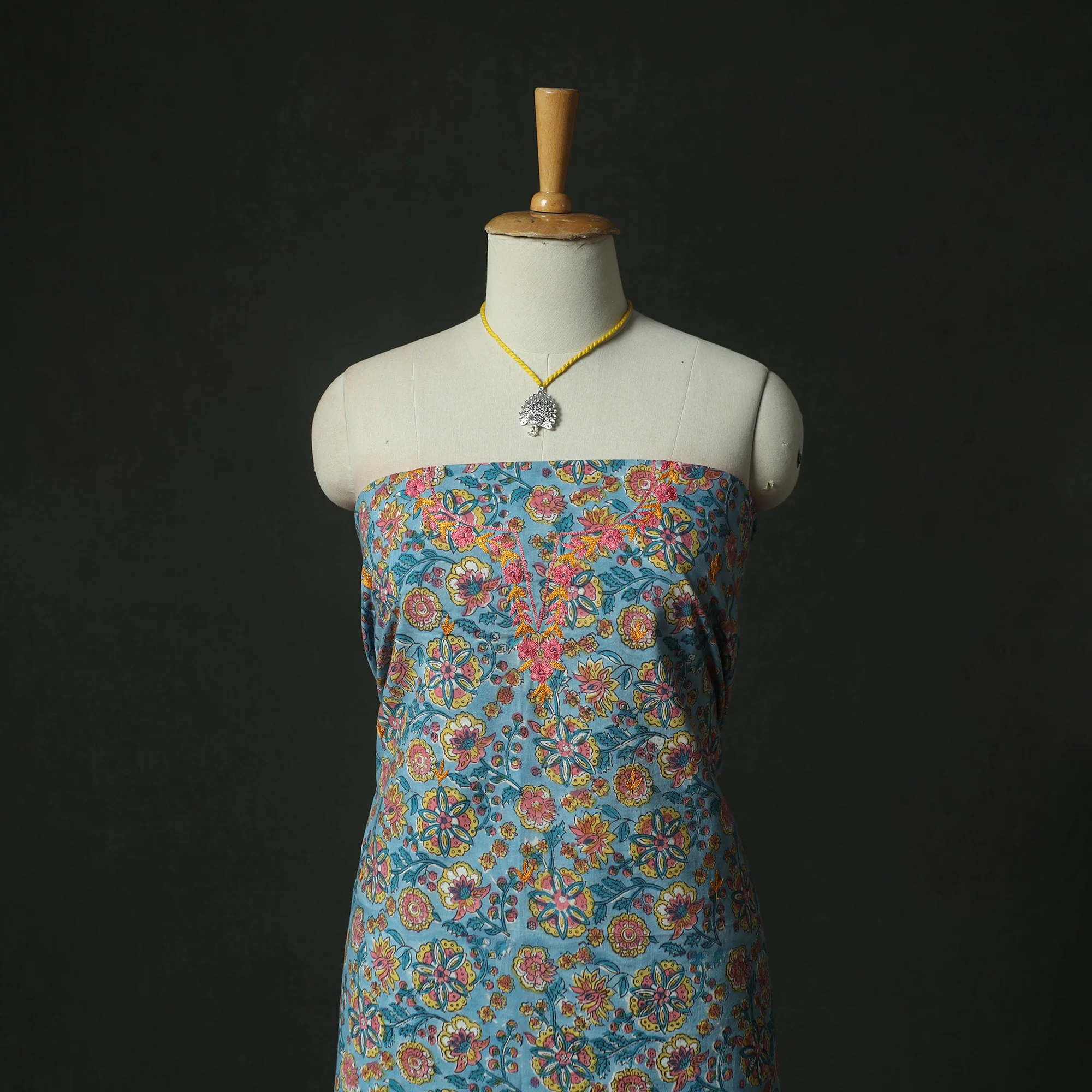 Blue - Hand Embroidered Sanganeri Block Print Cotton 2pc Unstitched Dress Material Kurta Set with Jewellery 03 - Image 2