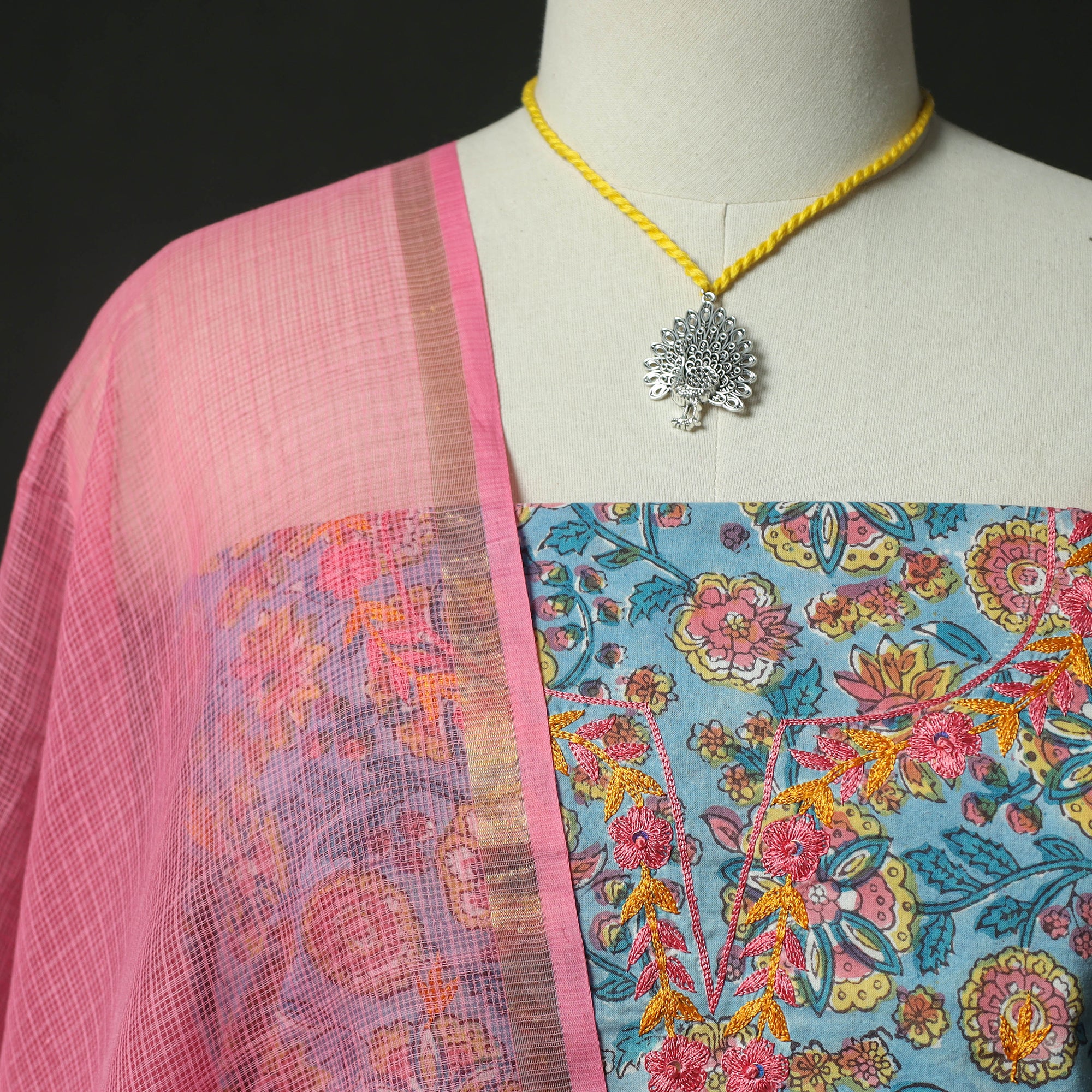 Blue - Hand Embroidered Sanganeri Block Print Cotton 2pc Unstitched Dress Material Kurta Set with Jewellery 03 - Image 3