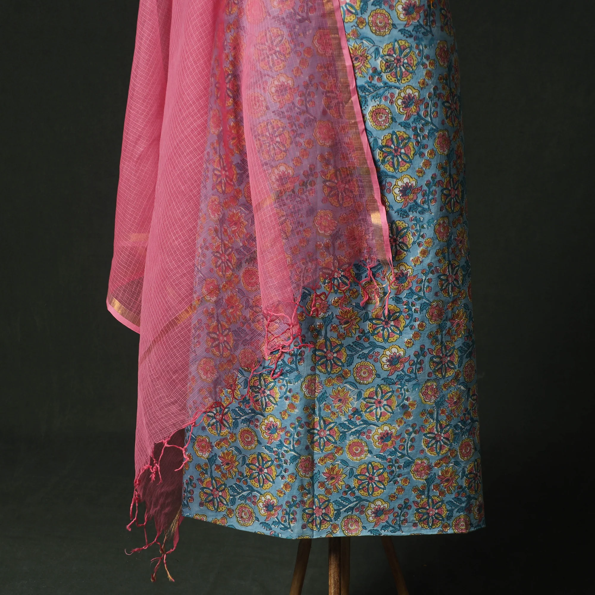 Blue - Hand Embroidered Sanganeri Block Print Cotton 2pc Unstitched Dress Material Kurta Set with Jewellery 03 - Image 4