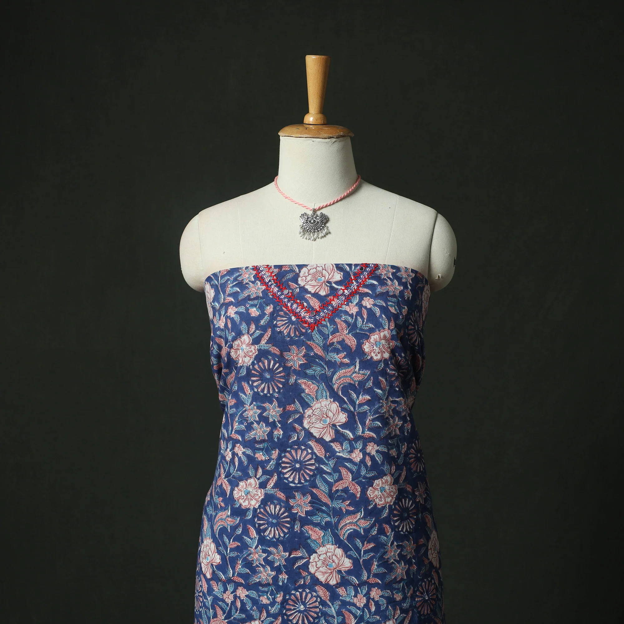 Blue - Hand Embroidered Sanganeri Block Print Cotton 2pc Unstitched Dress Material Kurta Set with Jewellery 04 - Image 2