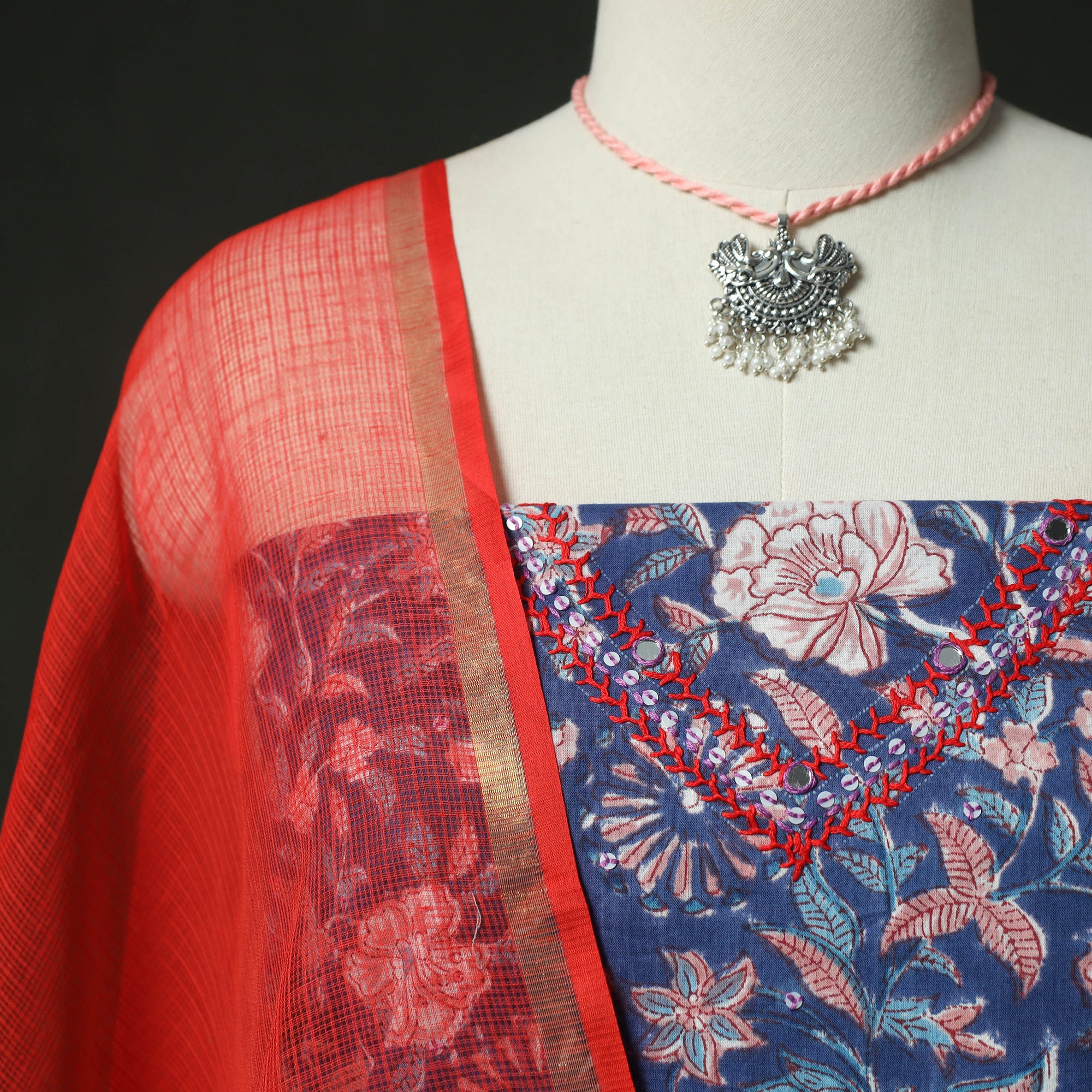 Blue - Hand Embroidered Sanganeri Block Print Cotton 2pc Unstitched Dress Material Kurta Set with Jewellery 04 - Image 3