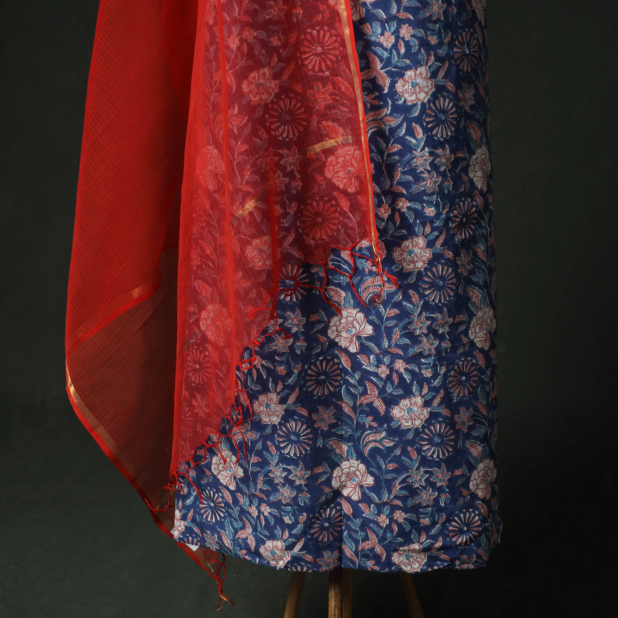 Blue - Hand Embroidered Sanganeri Block Print Cotton 2pc Unstitched Dress Material Kurta Set with Jewellery 04 - Image 4