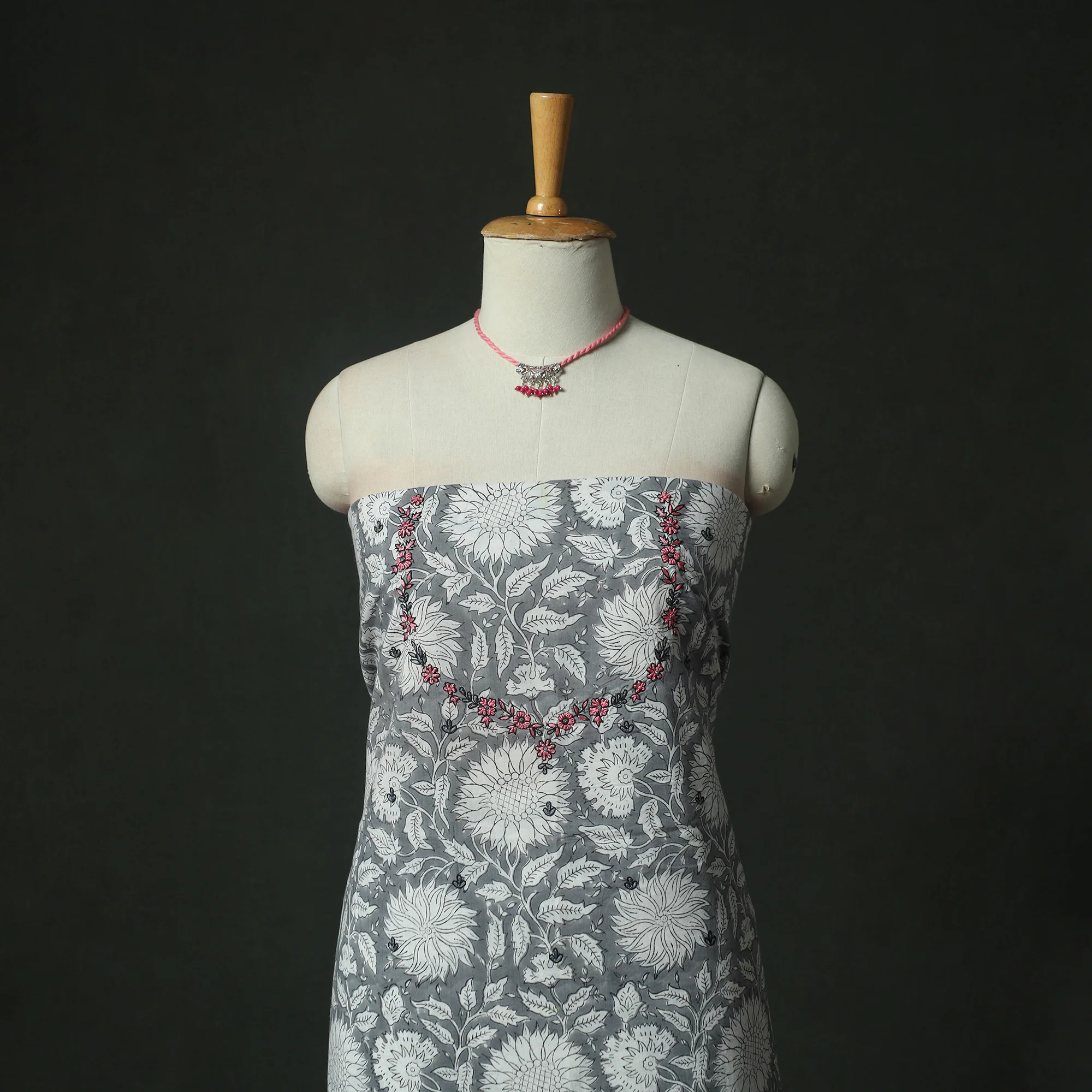 Grey - Hand Embroidered Sanganeri Block Print Cotton 2pc Unstitched Dress Material Kurta Set with Jewellery 05 - Image 2