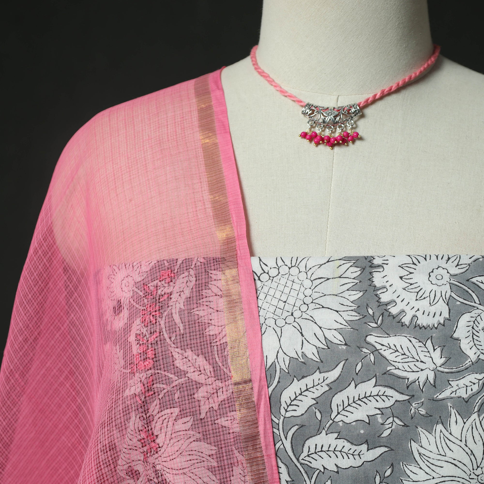 Grey - Hand Embroidered Sanganeri Block Print Cotton 2pc Unstitched Dress Material Kurta Set with Jewellery 05 - Image 3