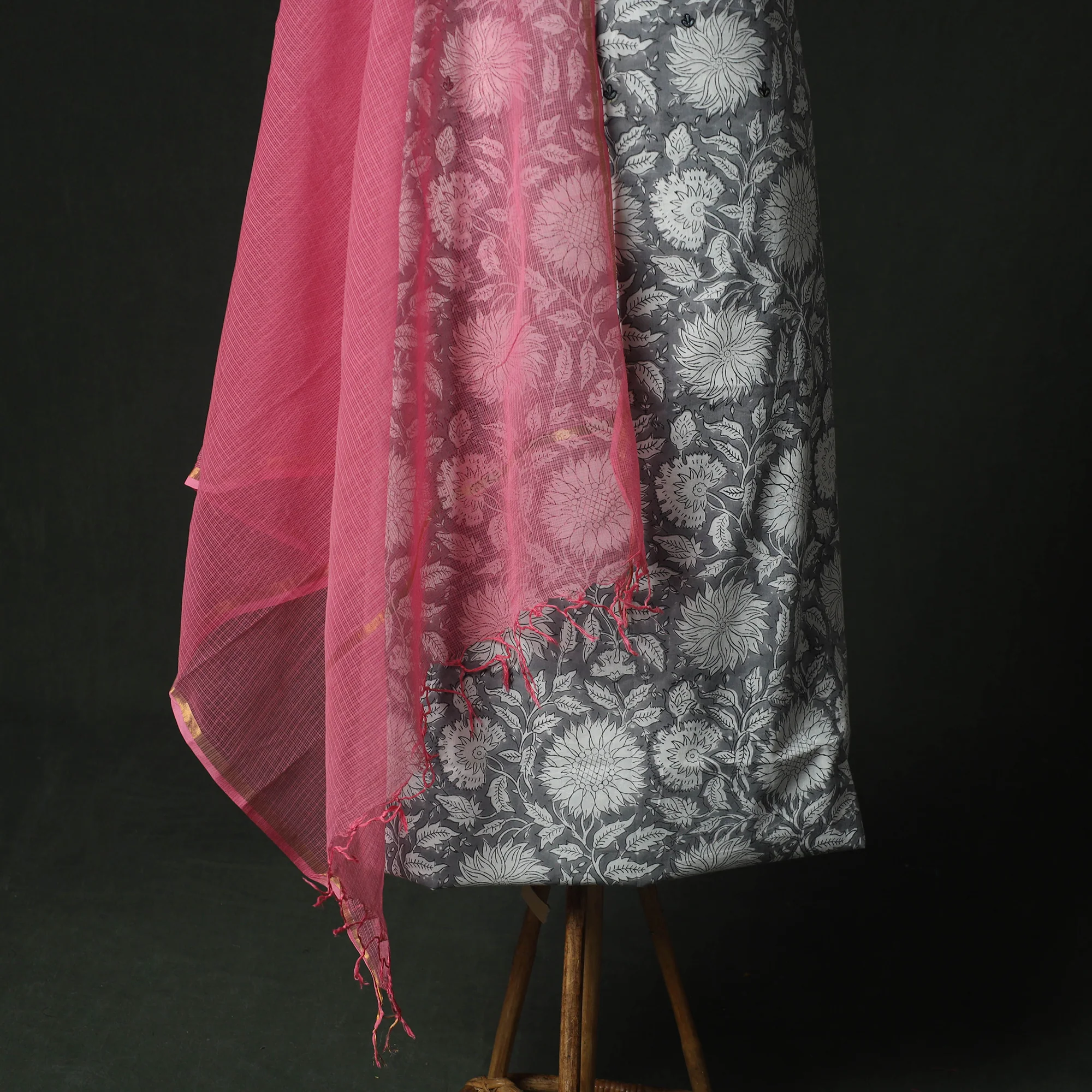 Grey - Hand Embroidered Sanganeri Block Print Cotton 2pc Unstitched Dress Material Kurta Set with Jewellery 05 - Image 4