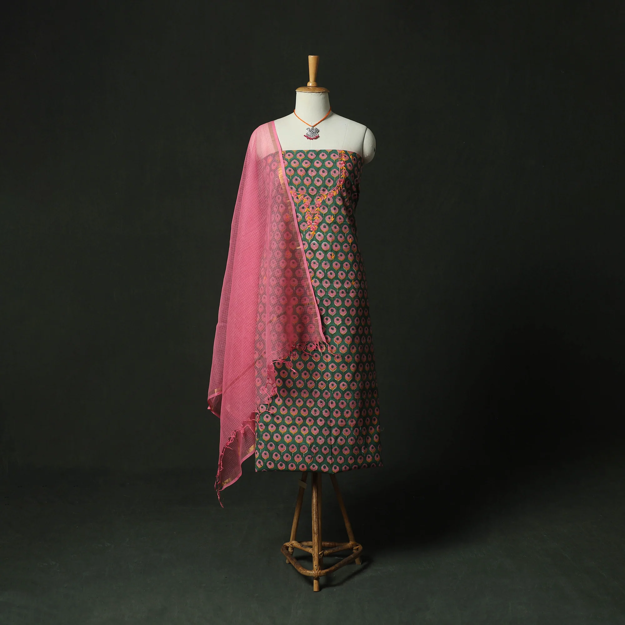Green - Hand Embroidered Sanganeri Block Print Cotton 2pc Unstitched Dress Material Kurta Set with Jewellery 06