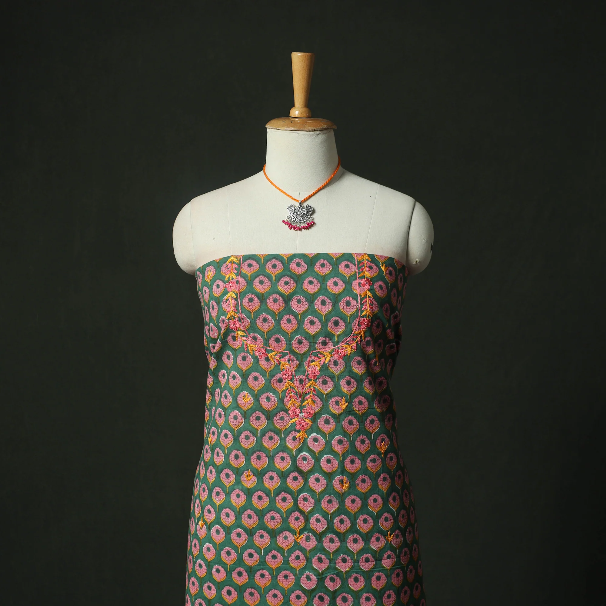 Green - Hand Embroidered Sanganeri Block Print Cotton 2pc Unstitched Dress Material Kurta Set with Jewellery 06 - Image 2