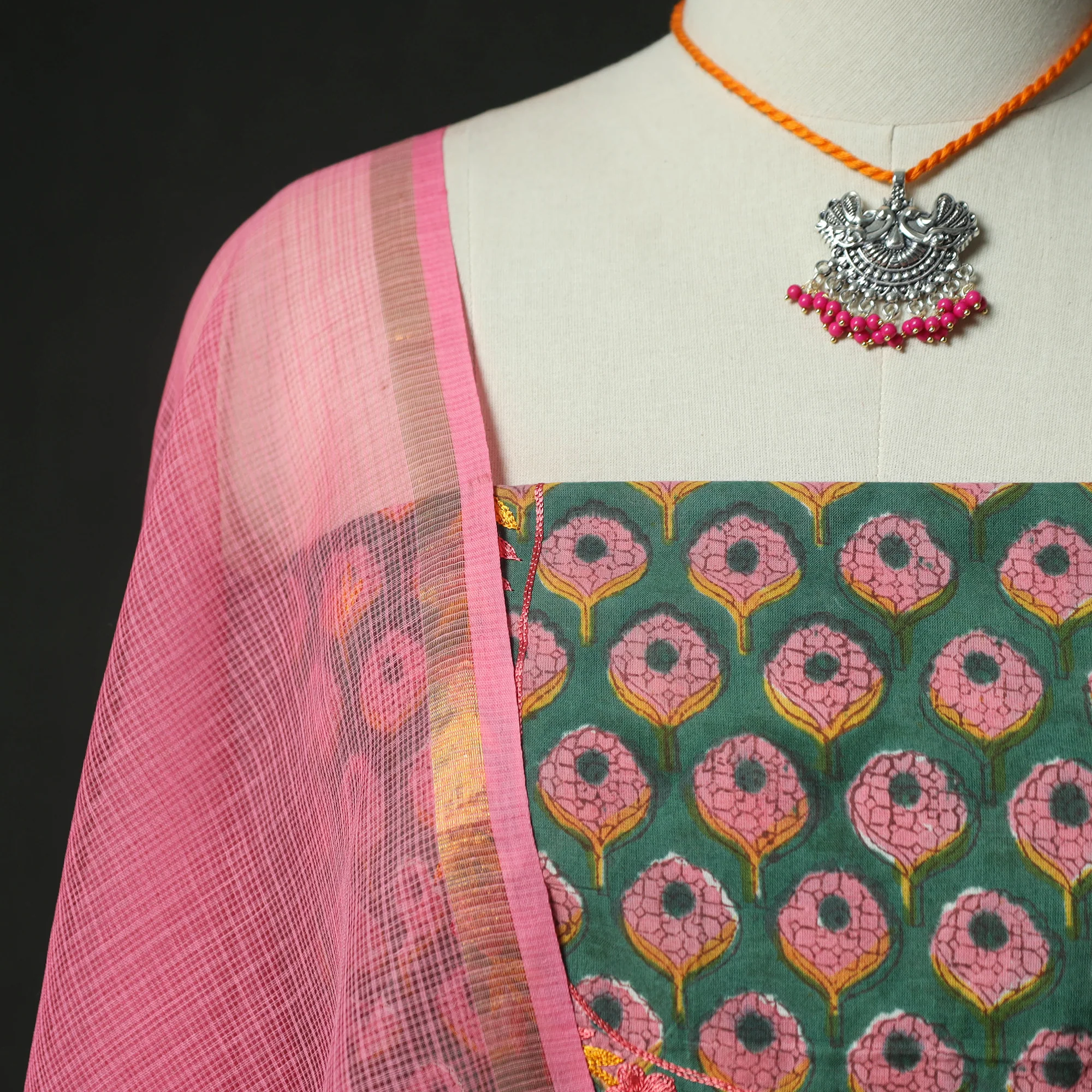 Green - Hand Embroidered Sanganeri Block Print Cotton 2pc Unstitched Dress Material Kurta Set with Jewellery 06 - Image 3
