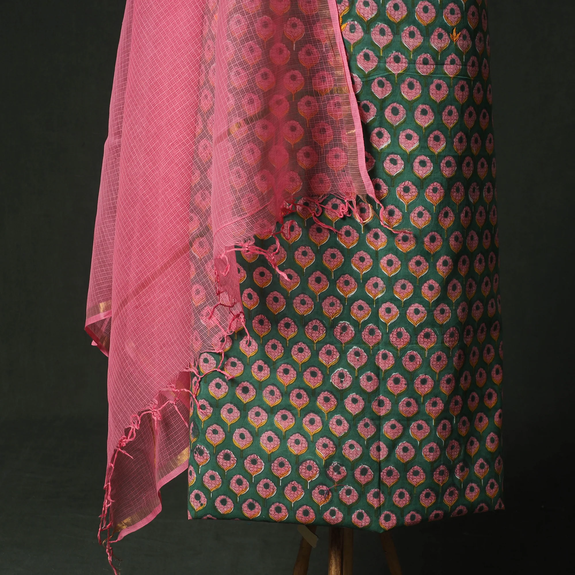 Green - Hand Embroidered Sanganeri Block Print Cotton 2pc Unstitched Dress Material Kurta Set with Jewellery 06 - Image 4