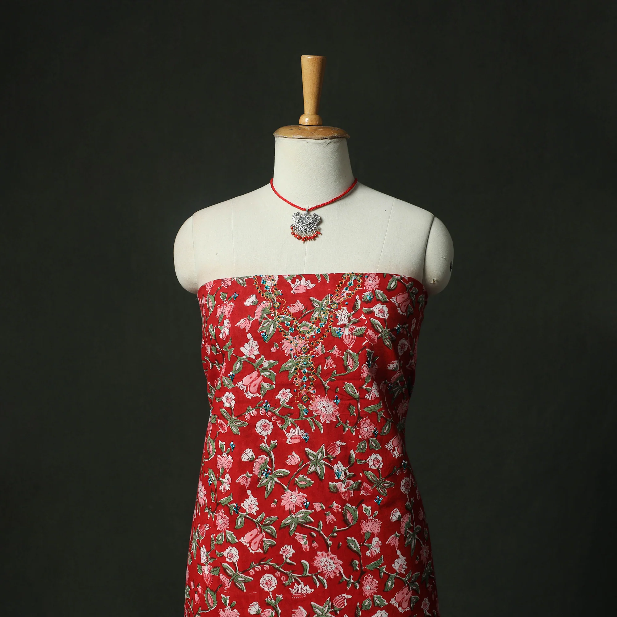 Red - Hand Embroidered Sanganeri Block Print Cotton 2pc Unstitched Dress Material Kurta Set with Jewellery 07 - Image 2