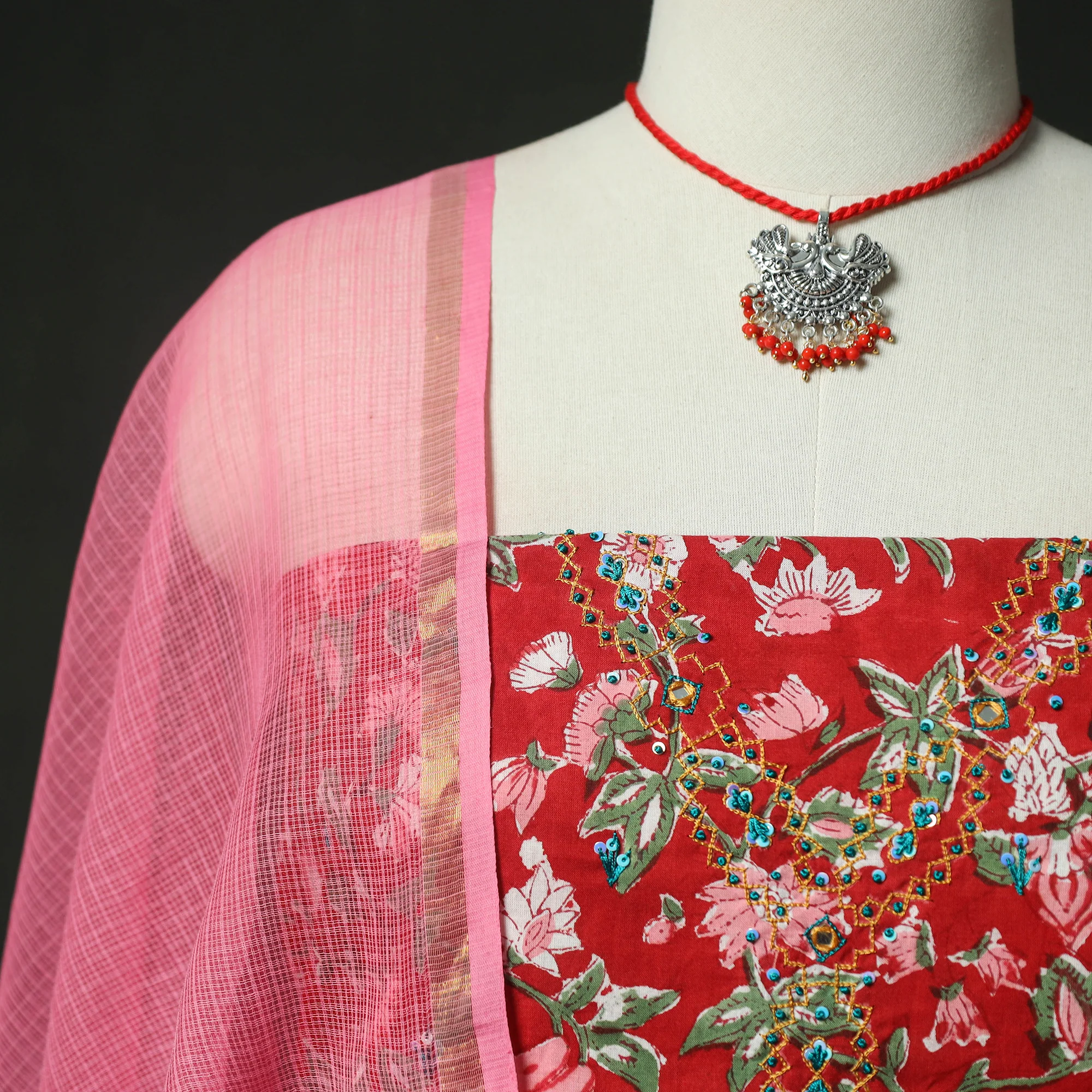 Red - Hand Embroidered Sanganeri Block Print Cotton 2pc Unstitched Dress Material Kurta Set with Jewellery 07 - Image 3