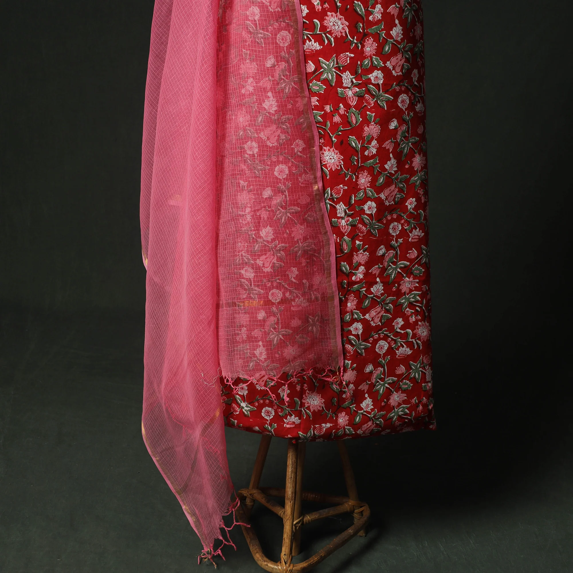 Red - Hand Embroidered Sanganeri Block Print Cotton 2pc Unstitched Dress Material Kurta Set with Jewellery 07 - Image 4