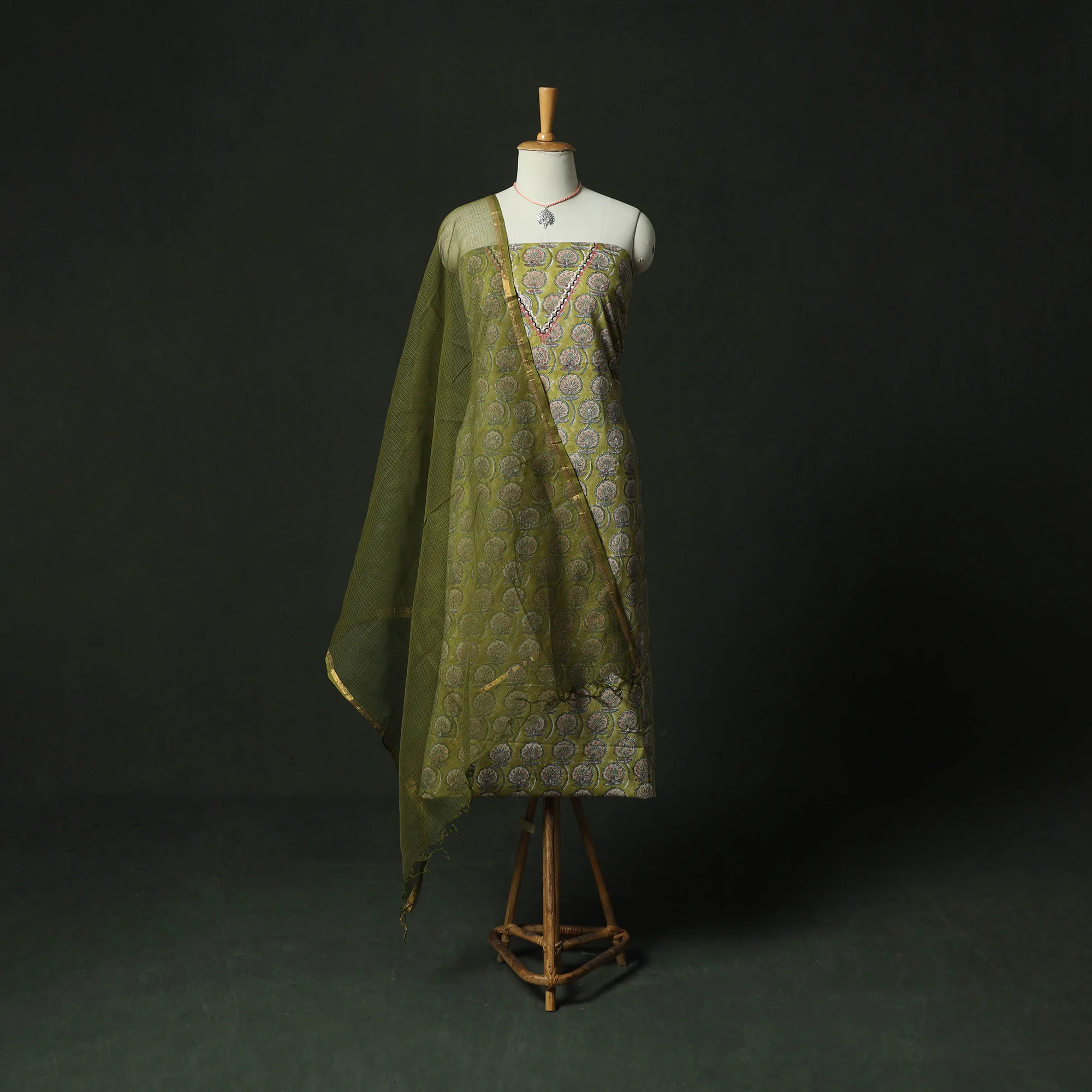 Green - Hand Embroidered Sanganeri Block Print Cotton 2pc Unstitched Dress Material Kurta Set with Jewellery 08