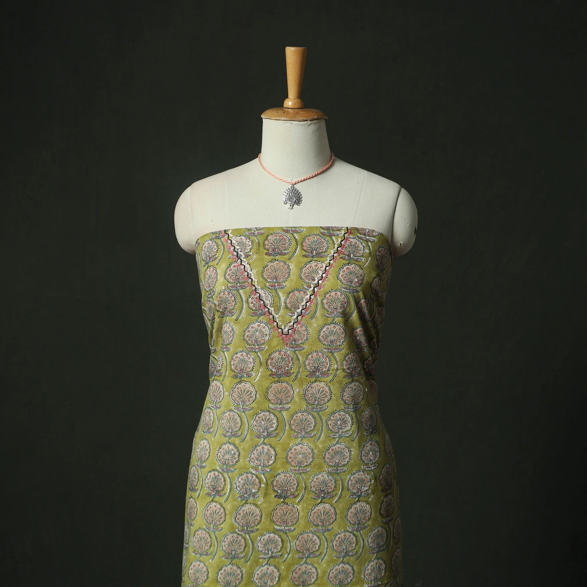 Green - Hand Embroidered Sanganeri Block Print Cotton 2pc Unstitched Dress Material Kurta Set with Jewellery 08 - Image 2