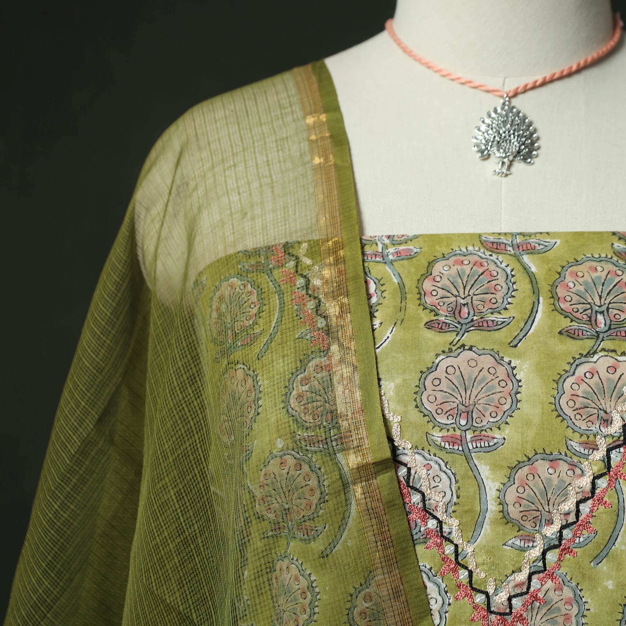 Green - Hand Embroidered Sanganeri Block Print Cotton 2pc Unstitched Dress Material Kurta Set with Jewellery 08 - Image 3