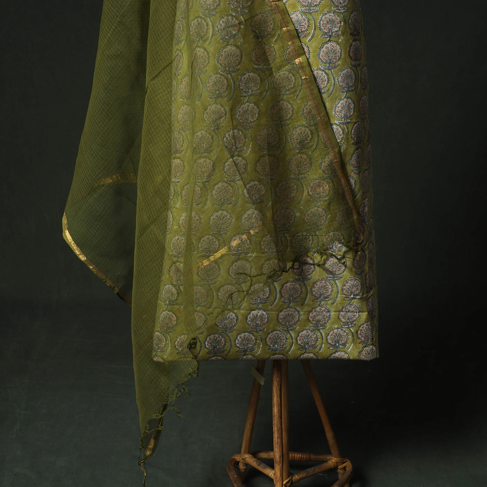 Green - Hand Embroidered Sanganeri Block Print Cotton 2pc Unstitched Dress Material Kurta Set with Jewellery 08 - Image 4
