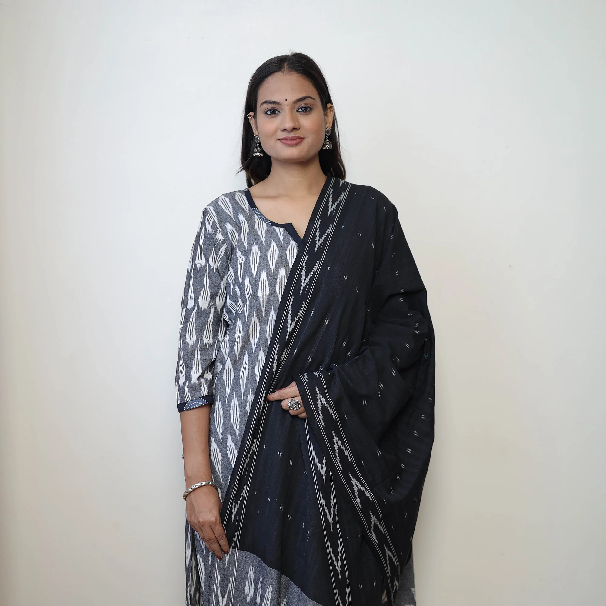 Grey - Handloom Cotton Pochampally Ikat Kurta Set 22