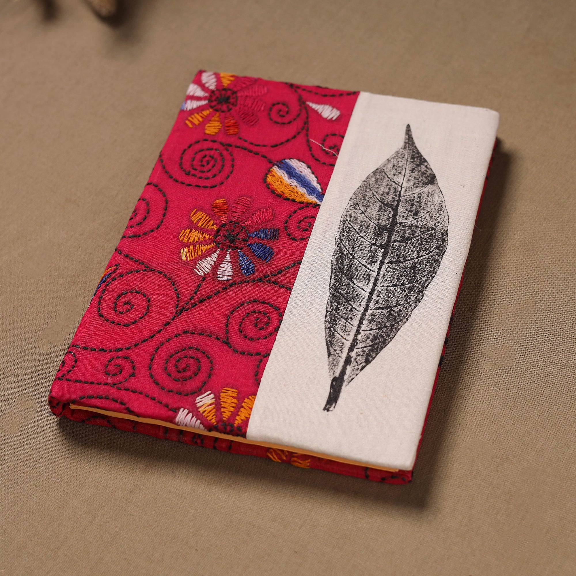 Handmade Paper Notebook with Eco Leaf Print Kantha Work 09 - Image 2