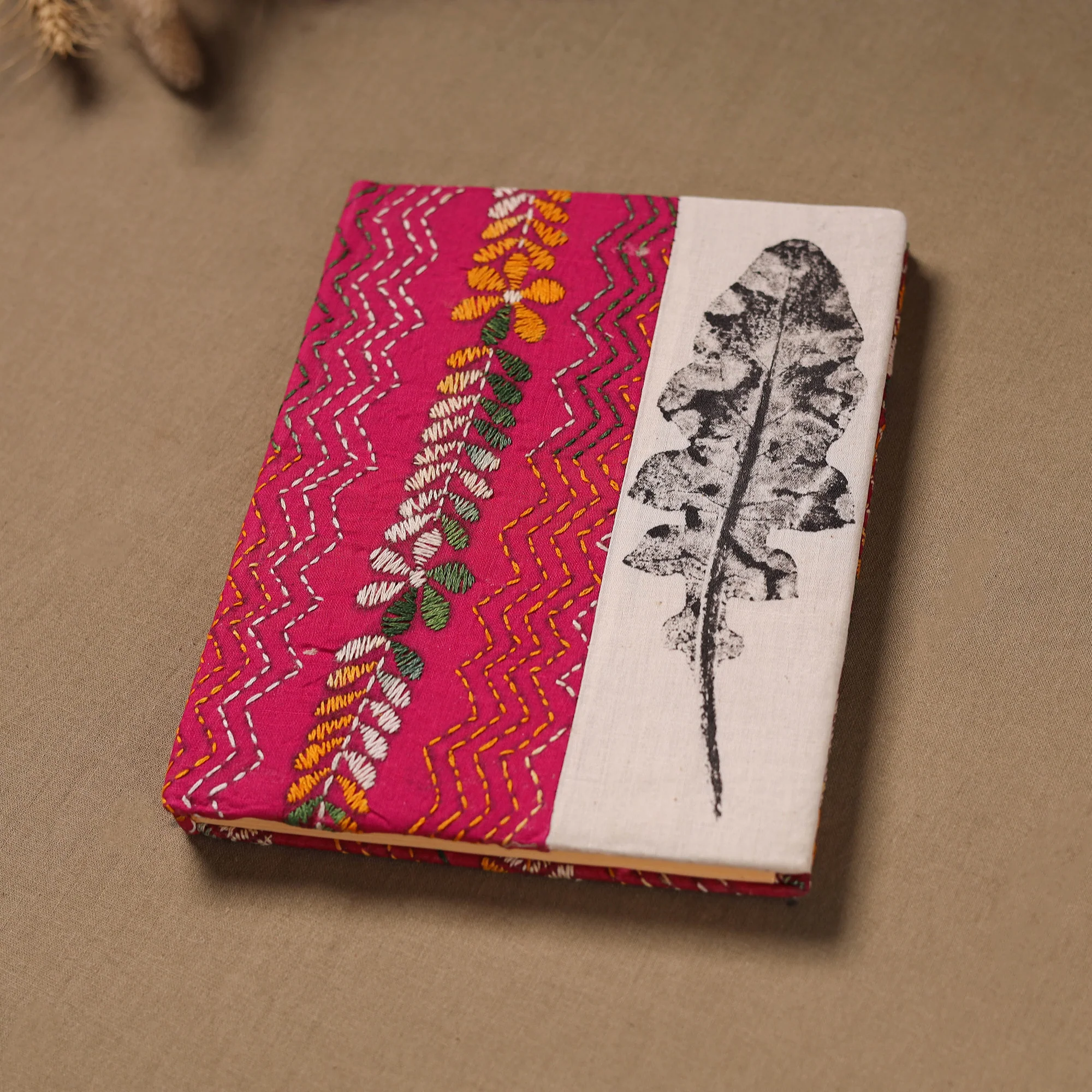 Handmade Paper Notebook with Eco Leaf Print Kantha Work 10 - Image 2
