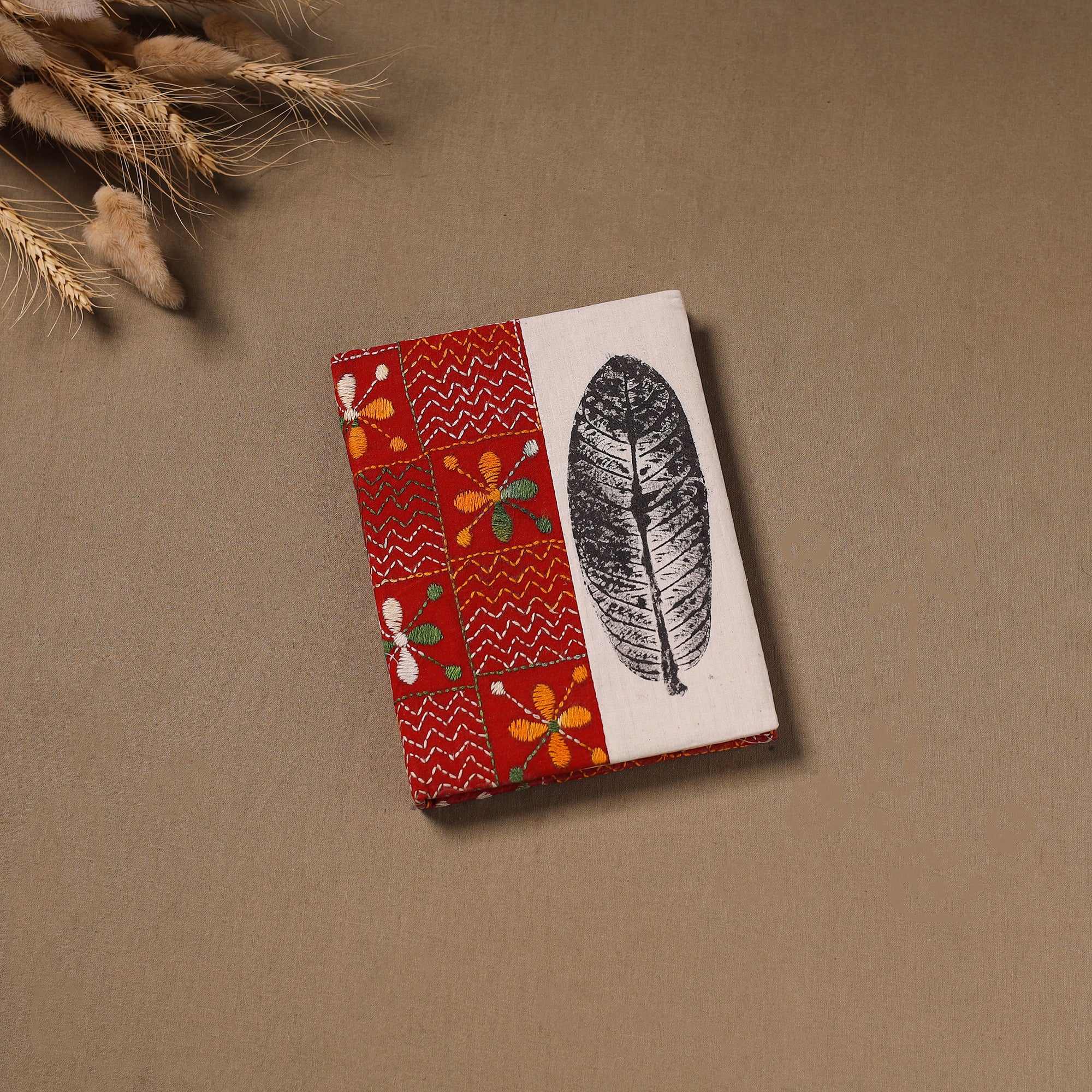 Handmade Paper Notebook with Eco Leaf Print Kantha Work 11