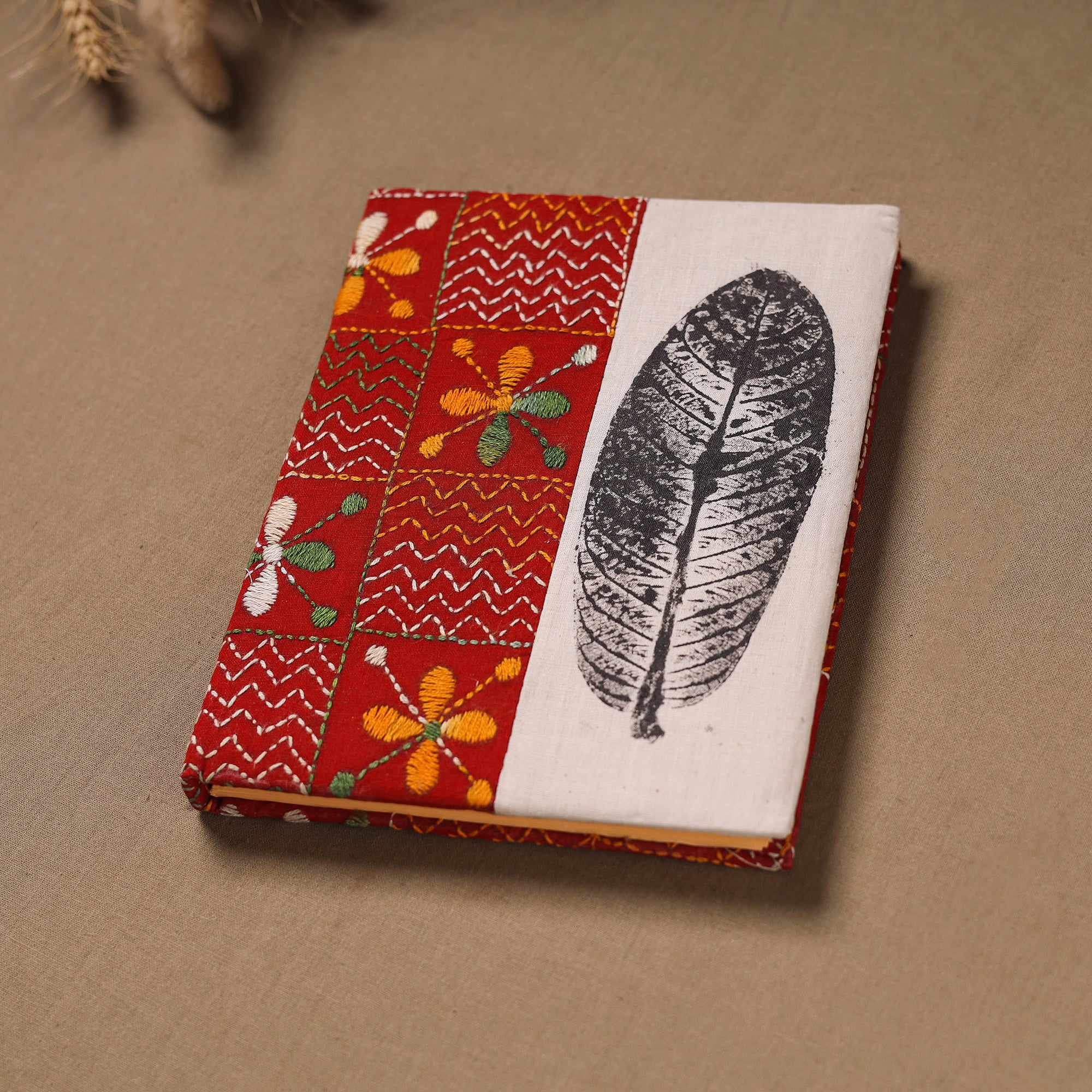 Handmade Paper Notebook with Eco Leaf Print Kantha Work 11 - Image 2