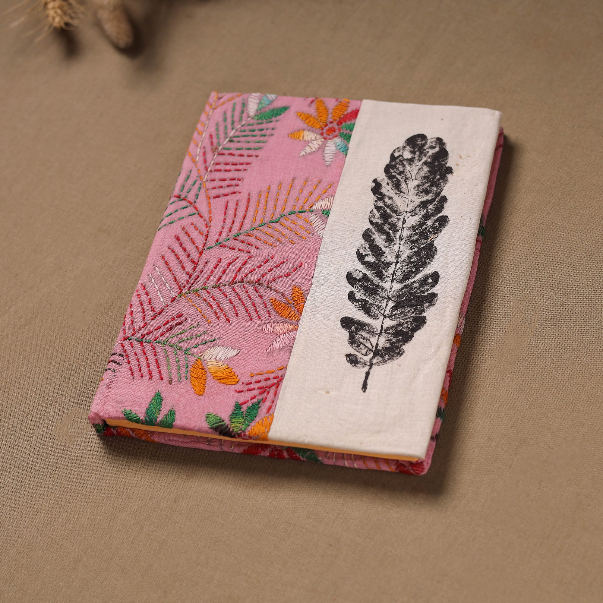 Handmade Paper Notebook with Eco Leaf Print Kantha Work 13 - Image 2
