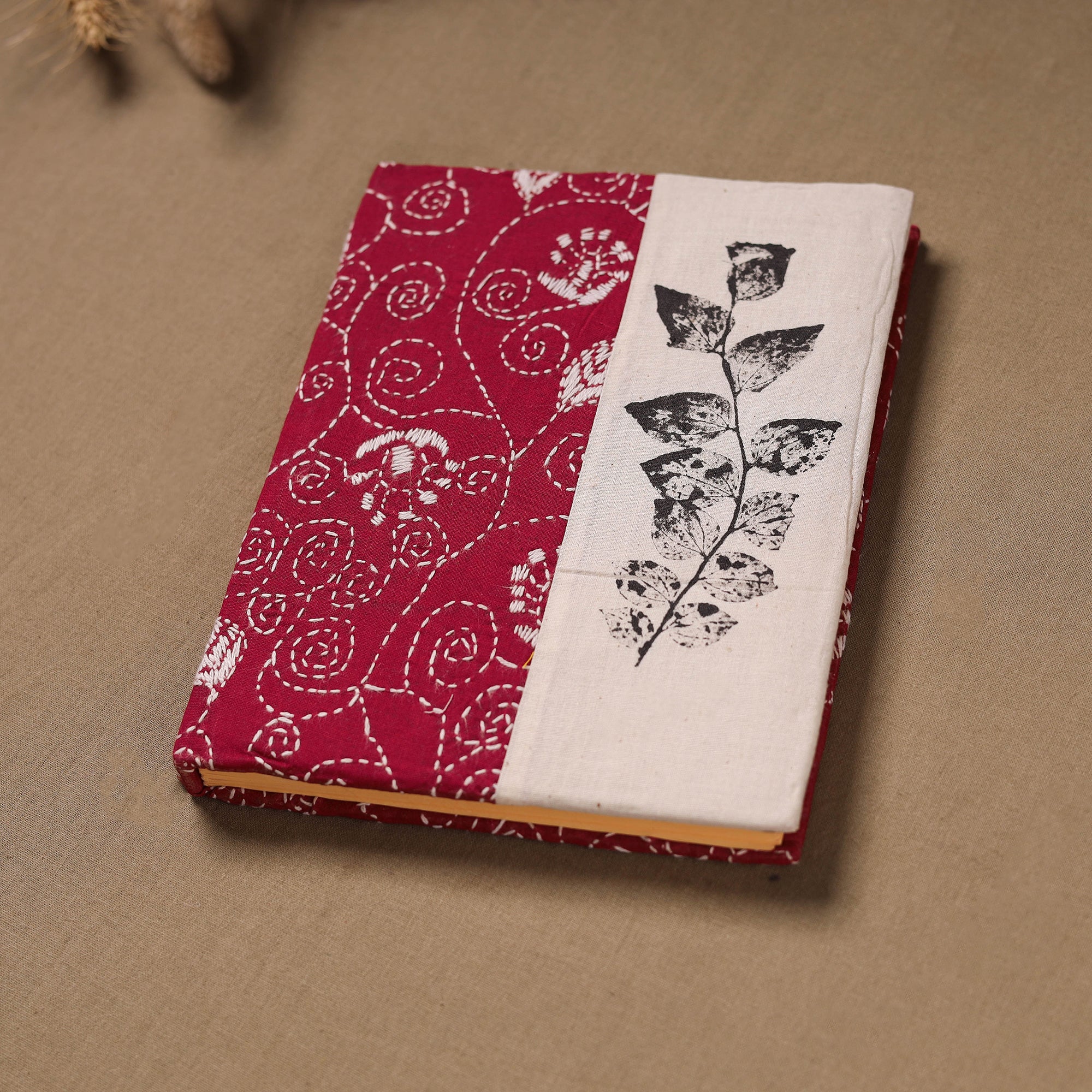 Handmade Paper Notebook with Eco Leaf Print Kantha Work 14 - Image 2