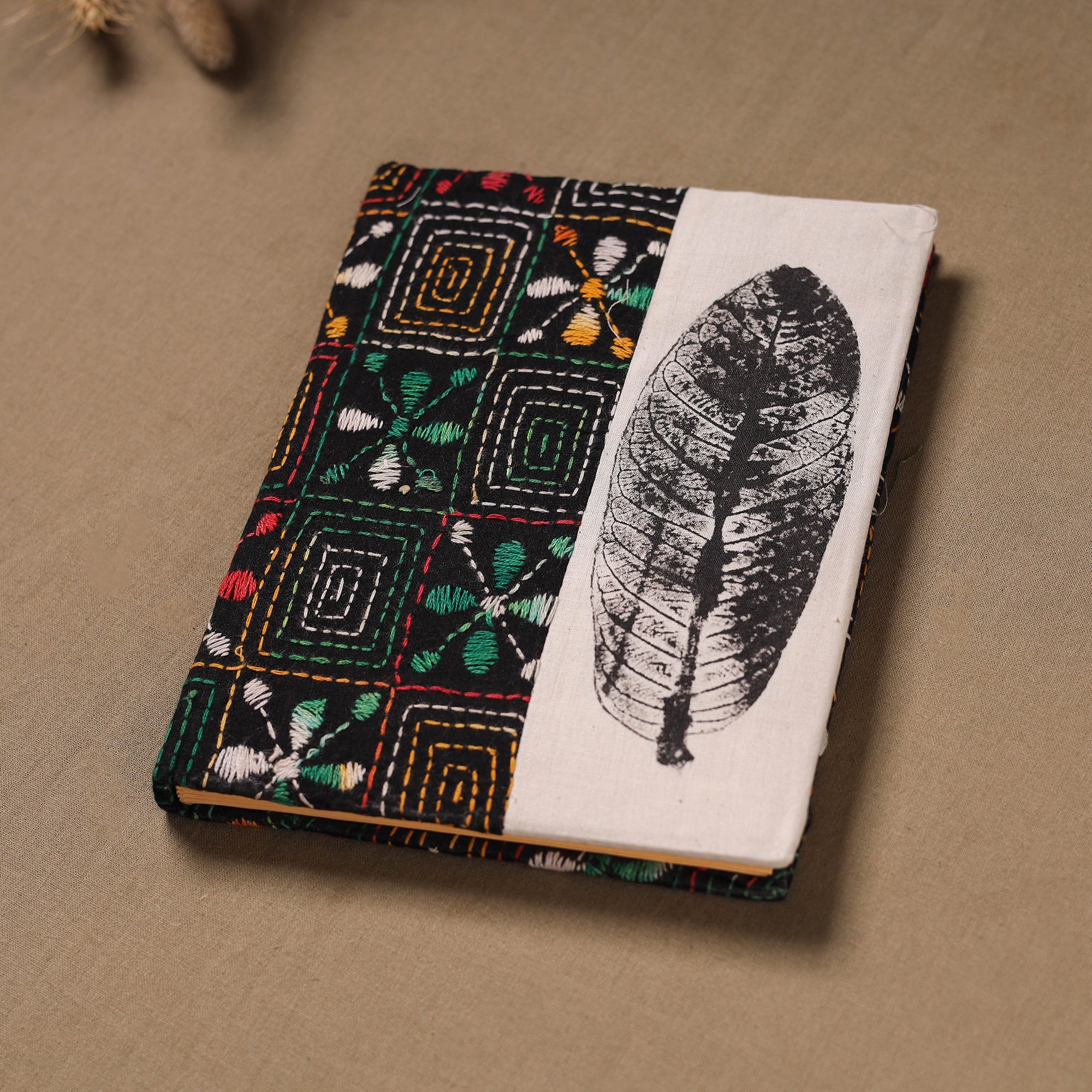 Handmade Paper Notebook with Eco Leaf Print Kantha Work 15 - Image 2