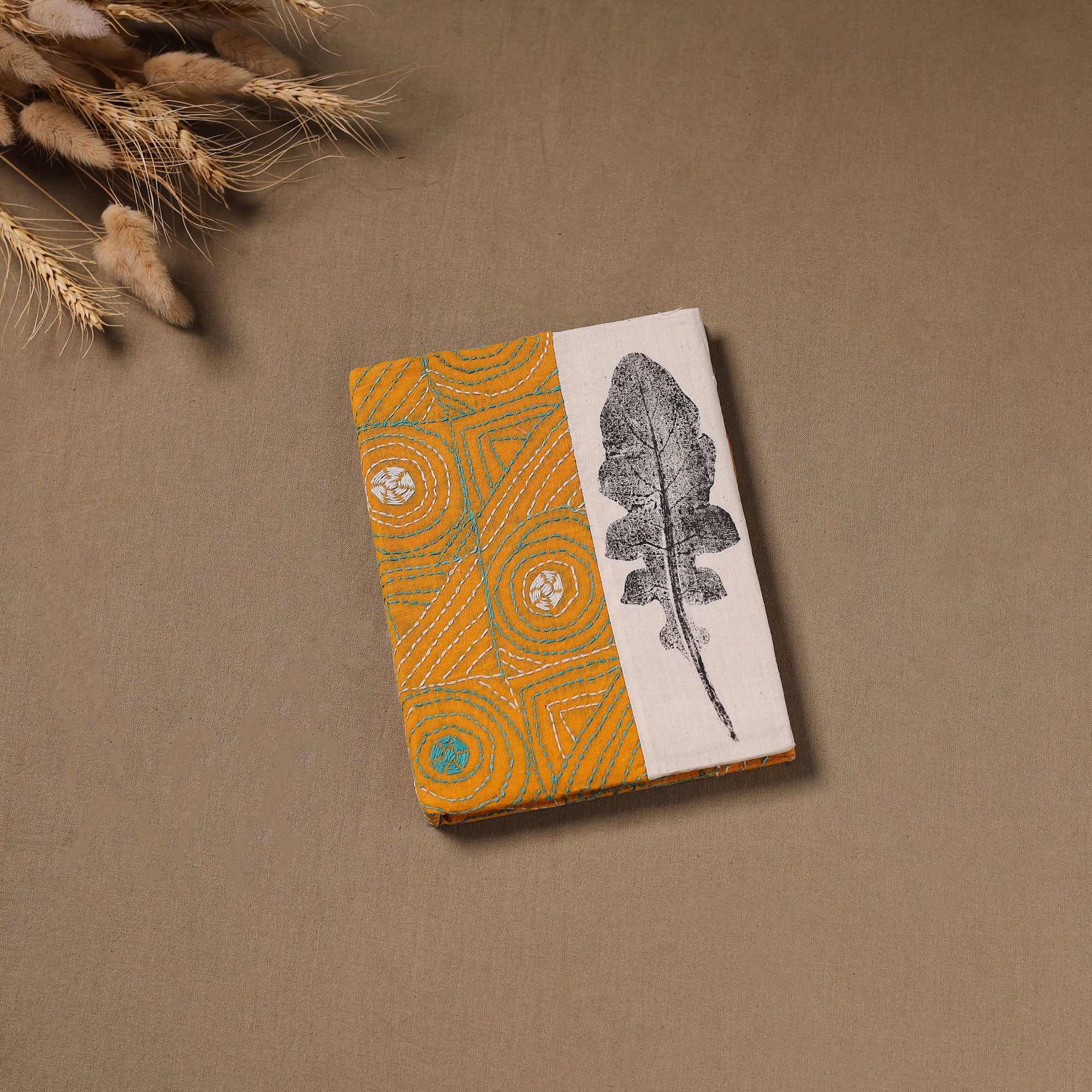 Handmade Paper Notebook with Eco Leaf Print Kantha Work 19