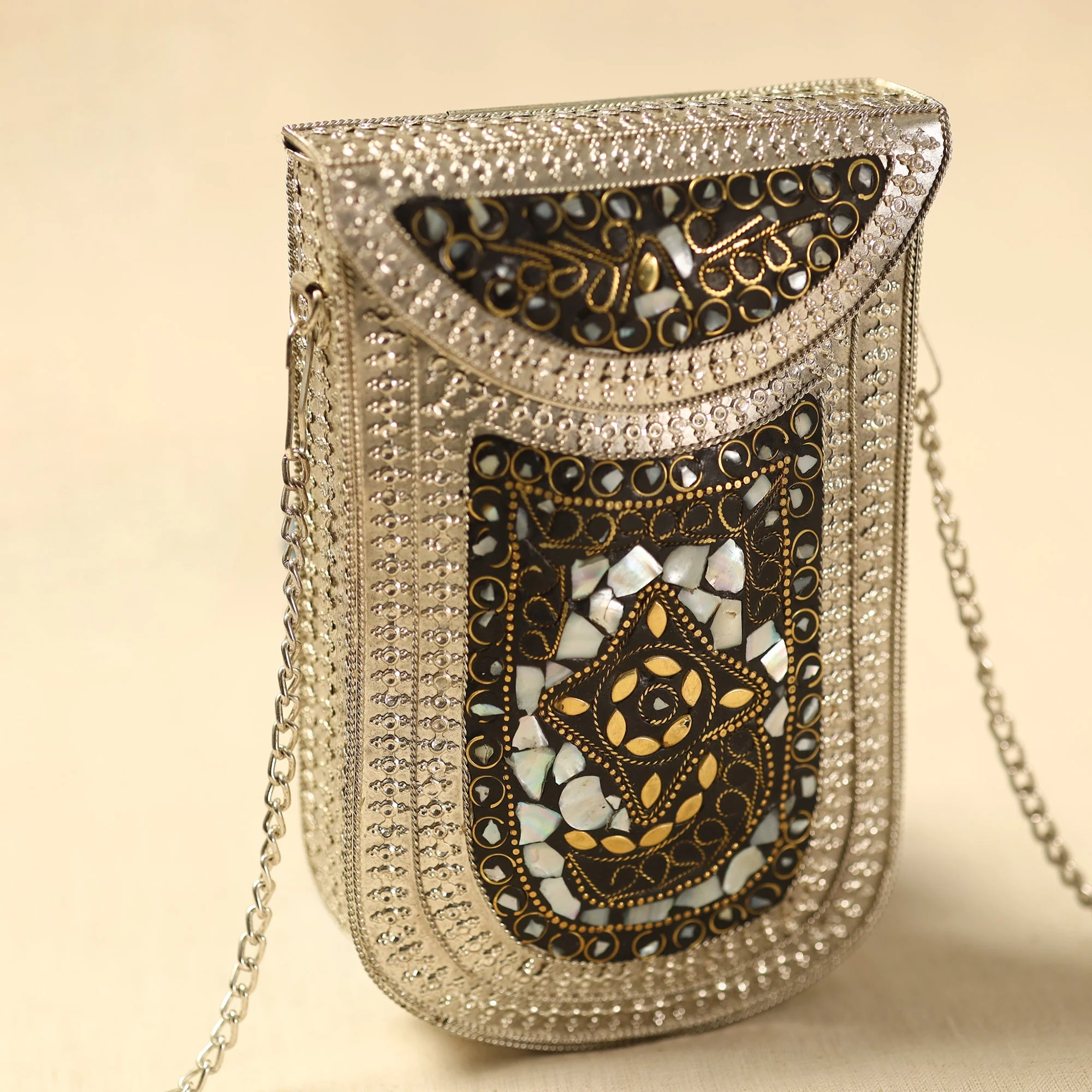 White - Handmade Vintage Metal & Mosaic Stone Clutch / Sling Bag 04 - Image 3
