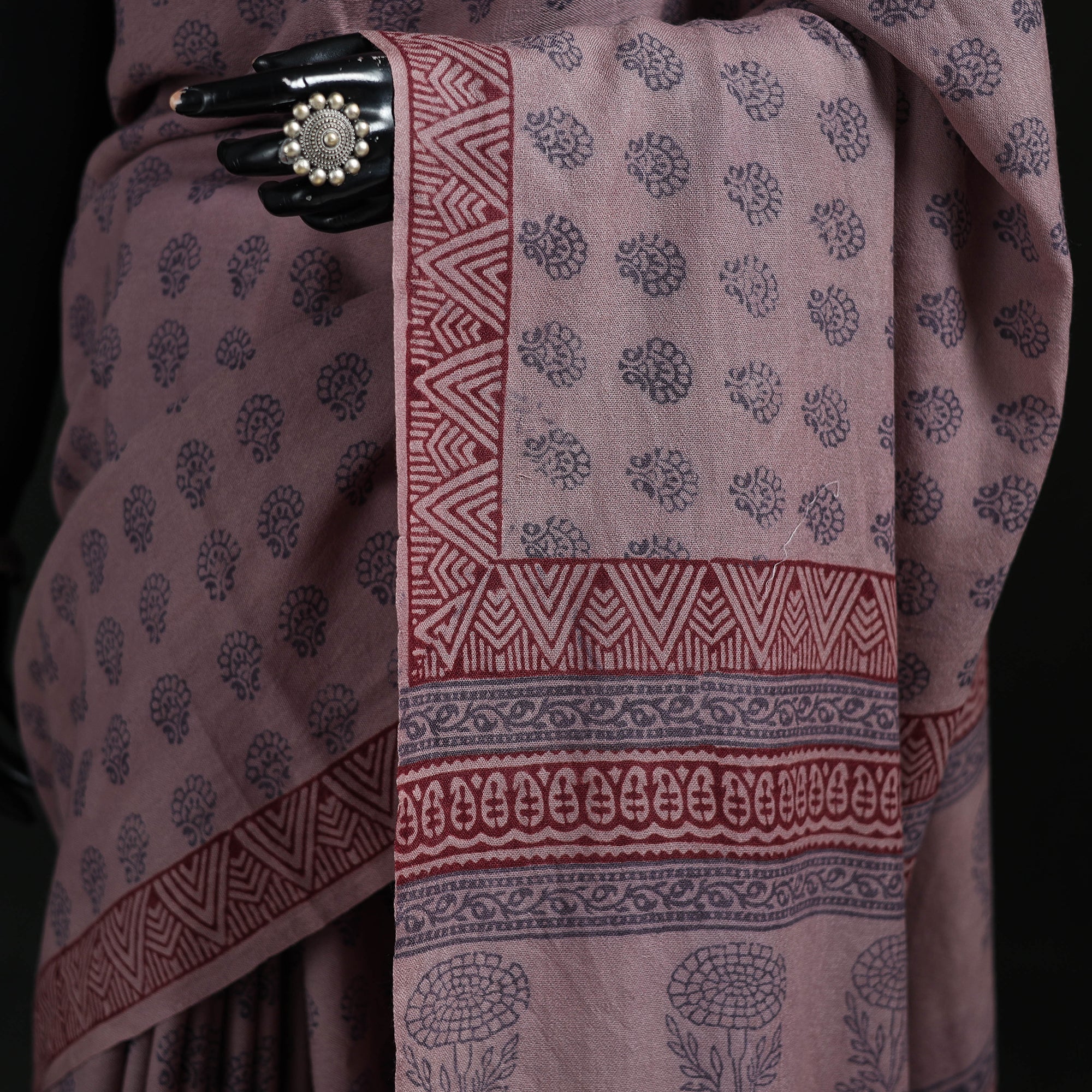 Handwoven Merino Wool Natural Dyed Hand Block Bagh Print Saree 02 - Image 3