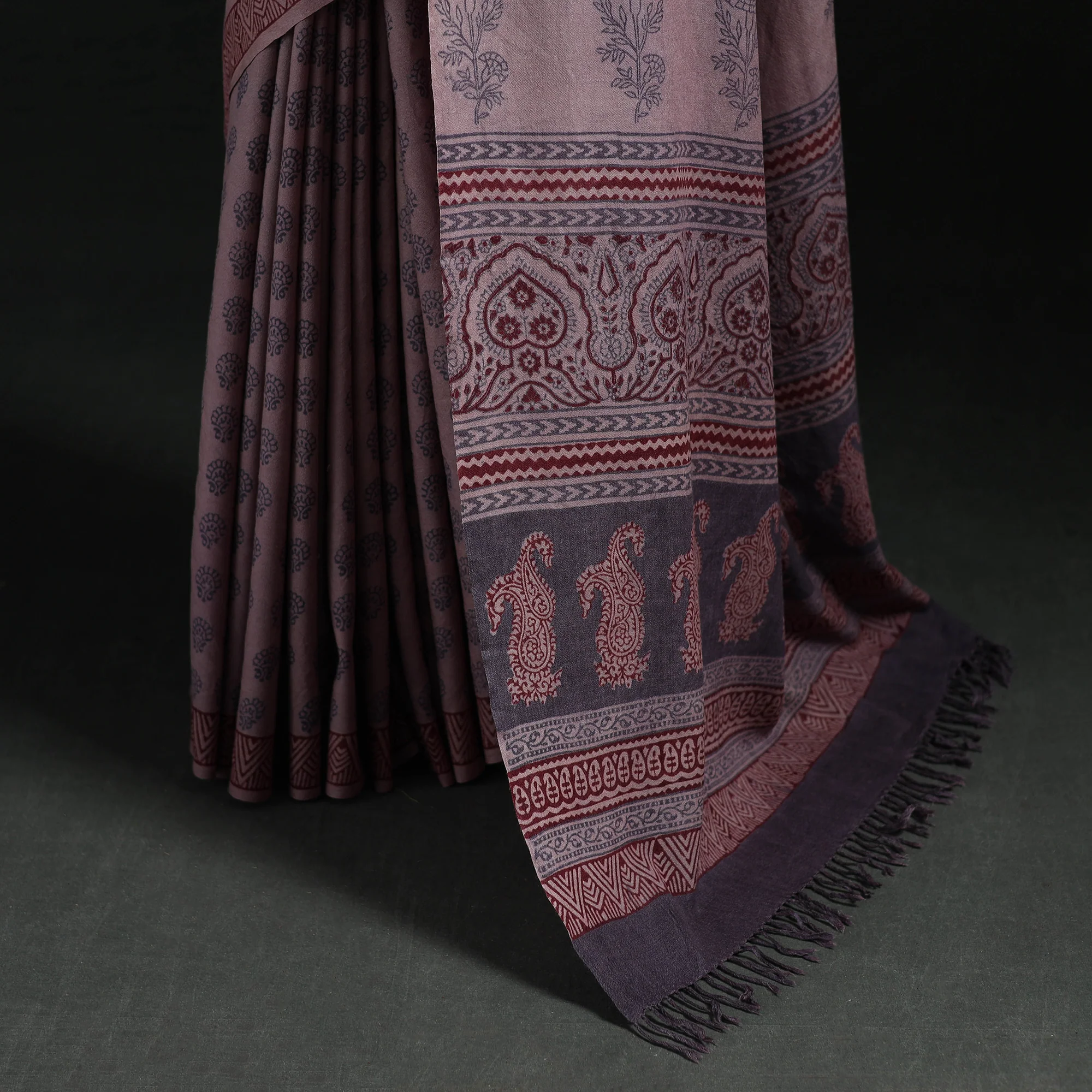 Handwoven Merino Wool Natural Dyed Hand Block Bagh Print Saree 02 - Image 4