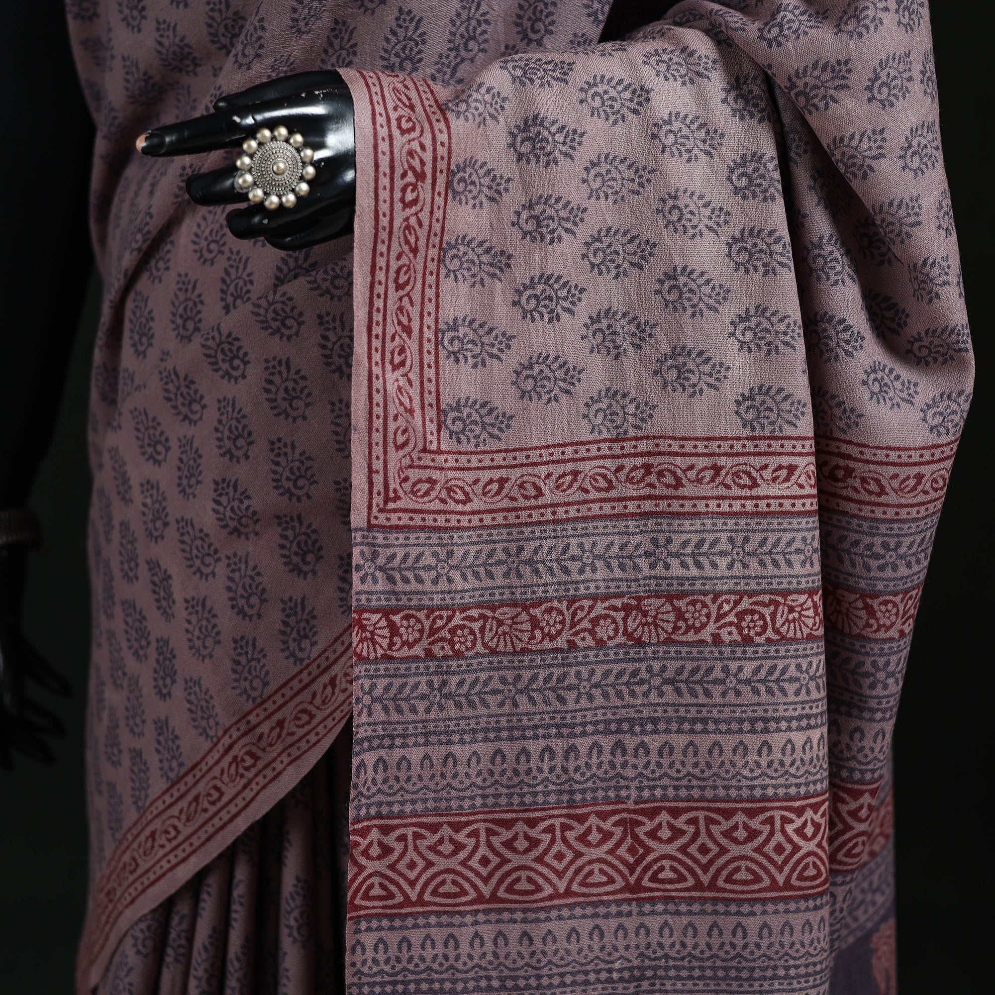 Handwoven Merino Wool Natural Dyed Hand Block Bagh Print Saree 04 - Image 3