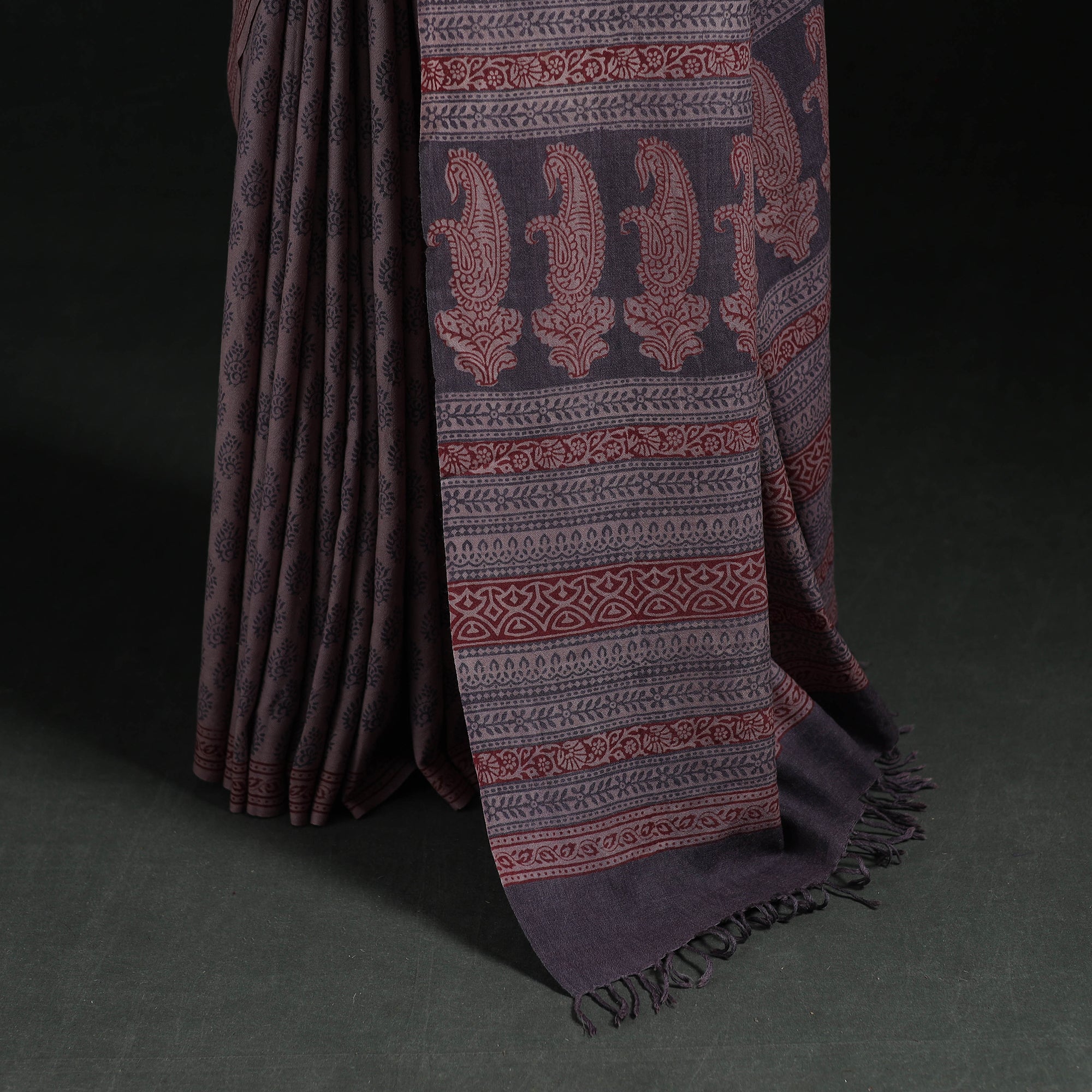 Handwoven Merino Wool Natural Dyed Hand Block Bagh Print Saree 04 - Image 4