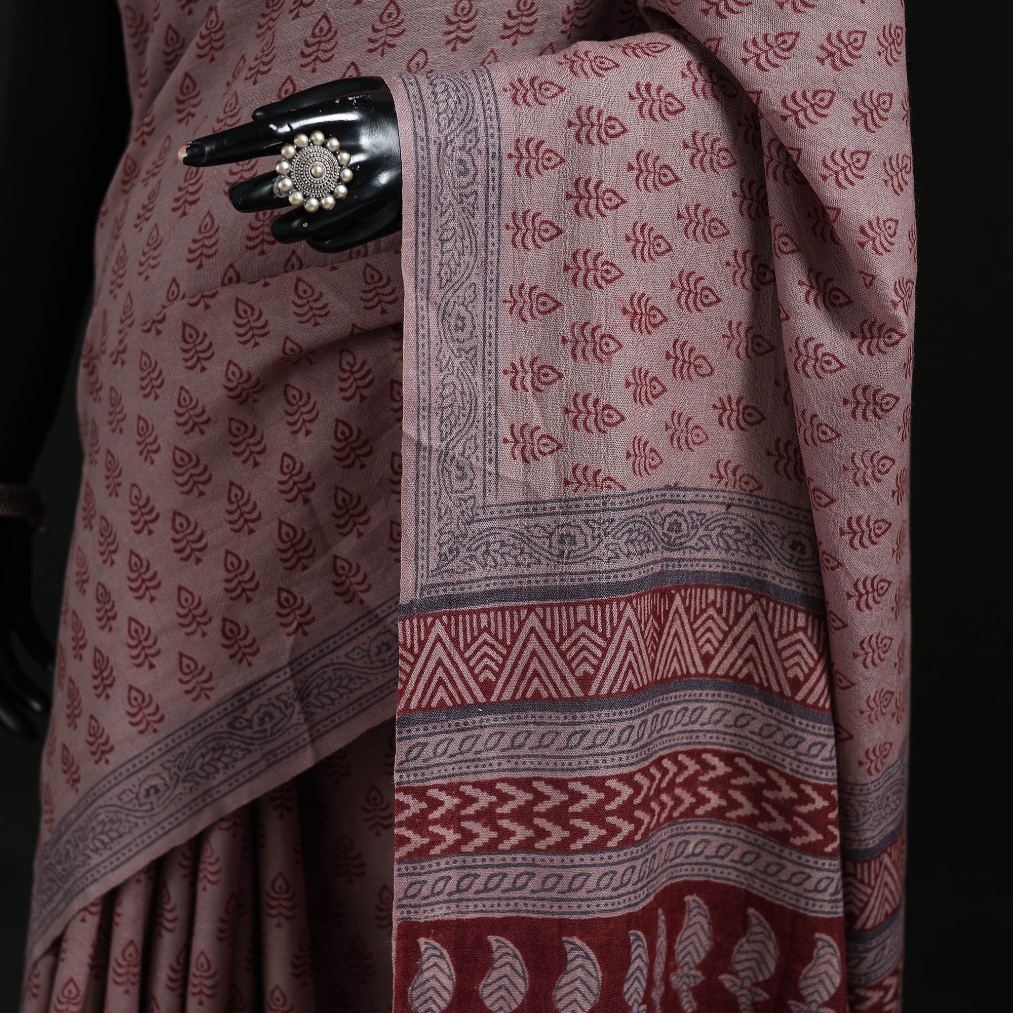 Handwoven Merino Wool Natural Dyed Hand Block Bagh Print Saree 09 - Image 3