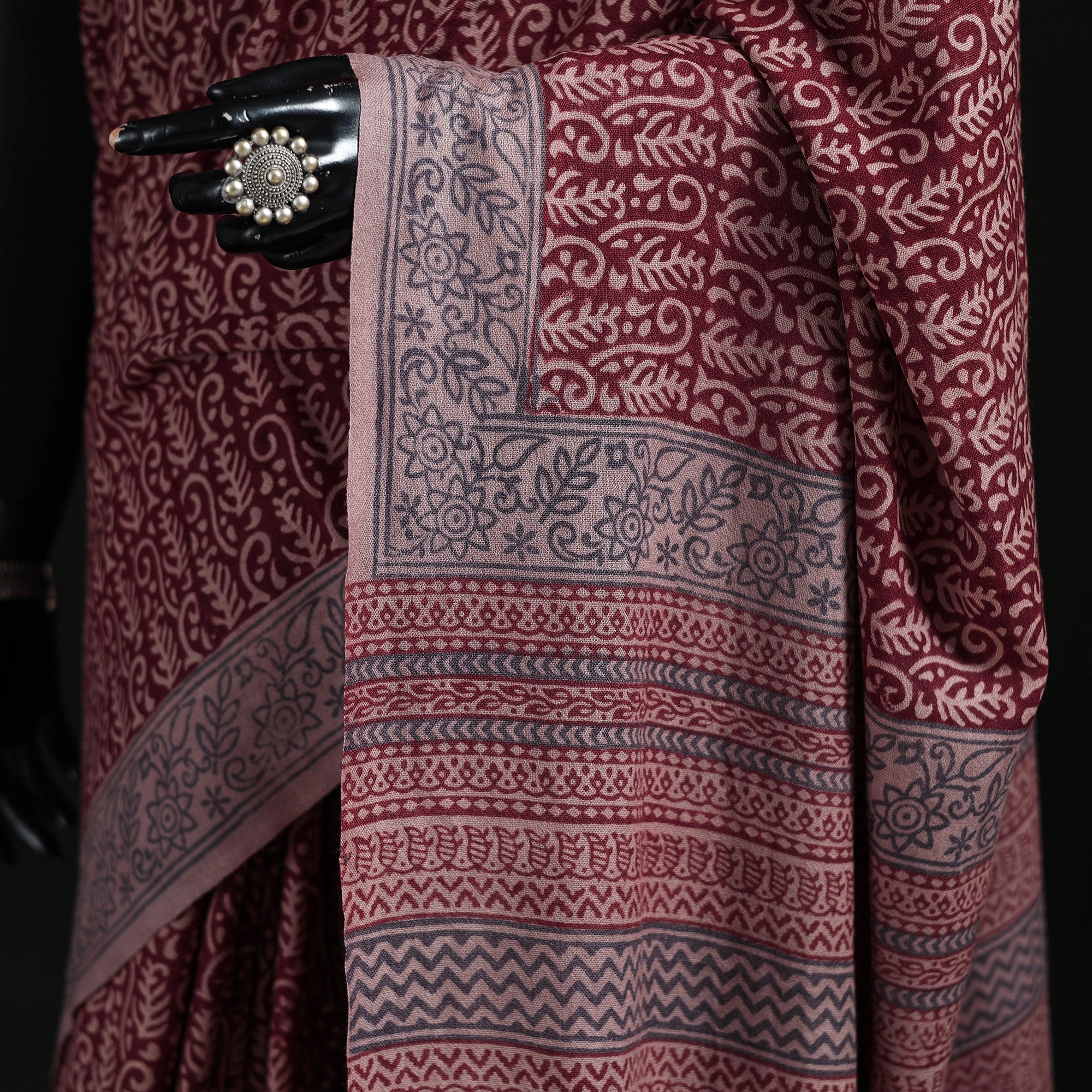 Handwoven Merino Wool Natural Dyed Hand Block Bagh Print Saree 10 - Image 3