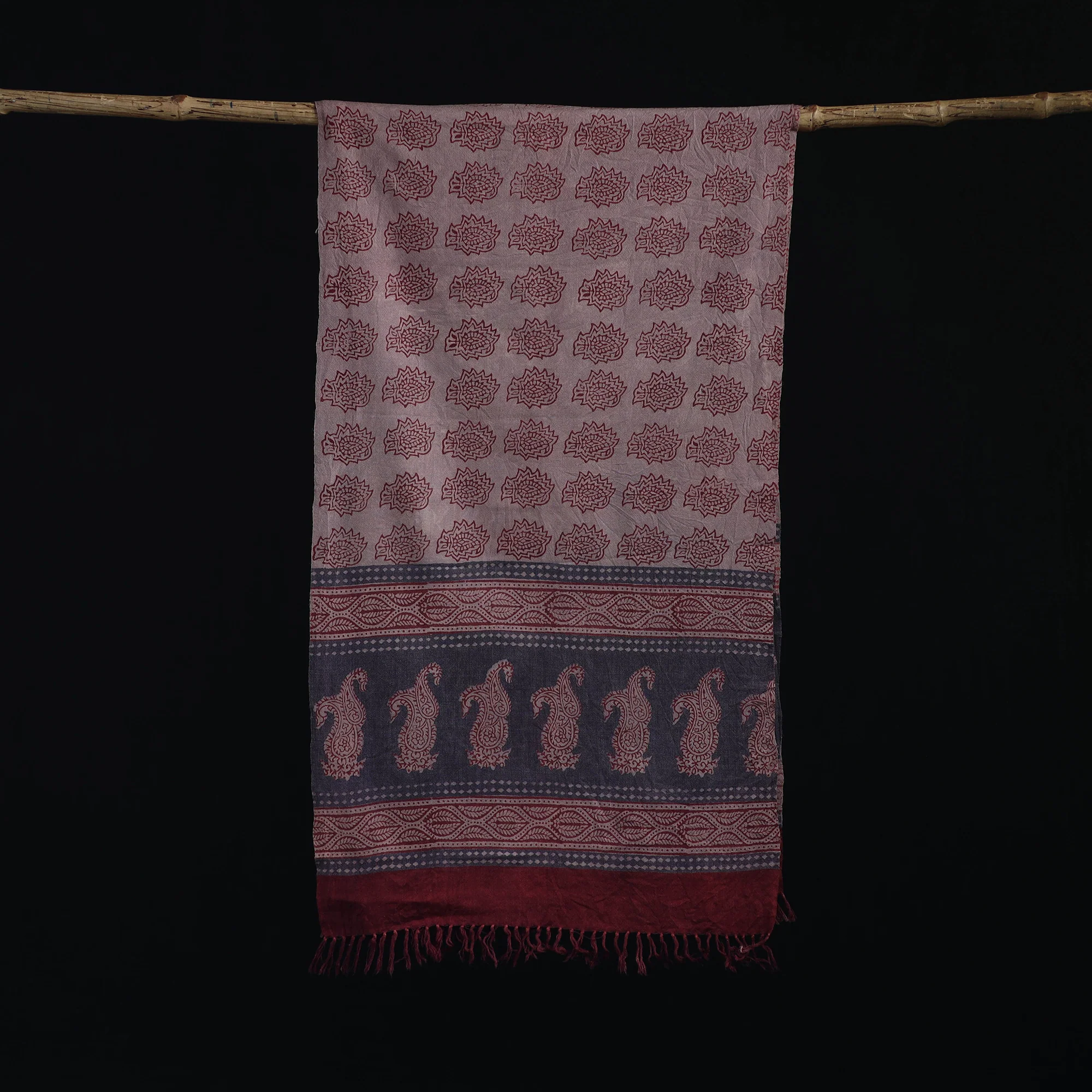 Handwoven Merino Wool Natural Dyed Hand Block Bagh Print Stole 06 - Image 3