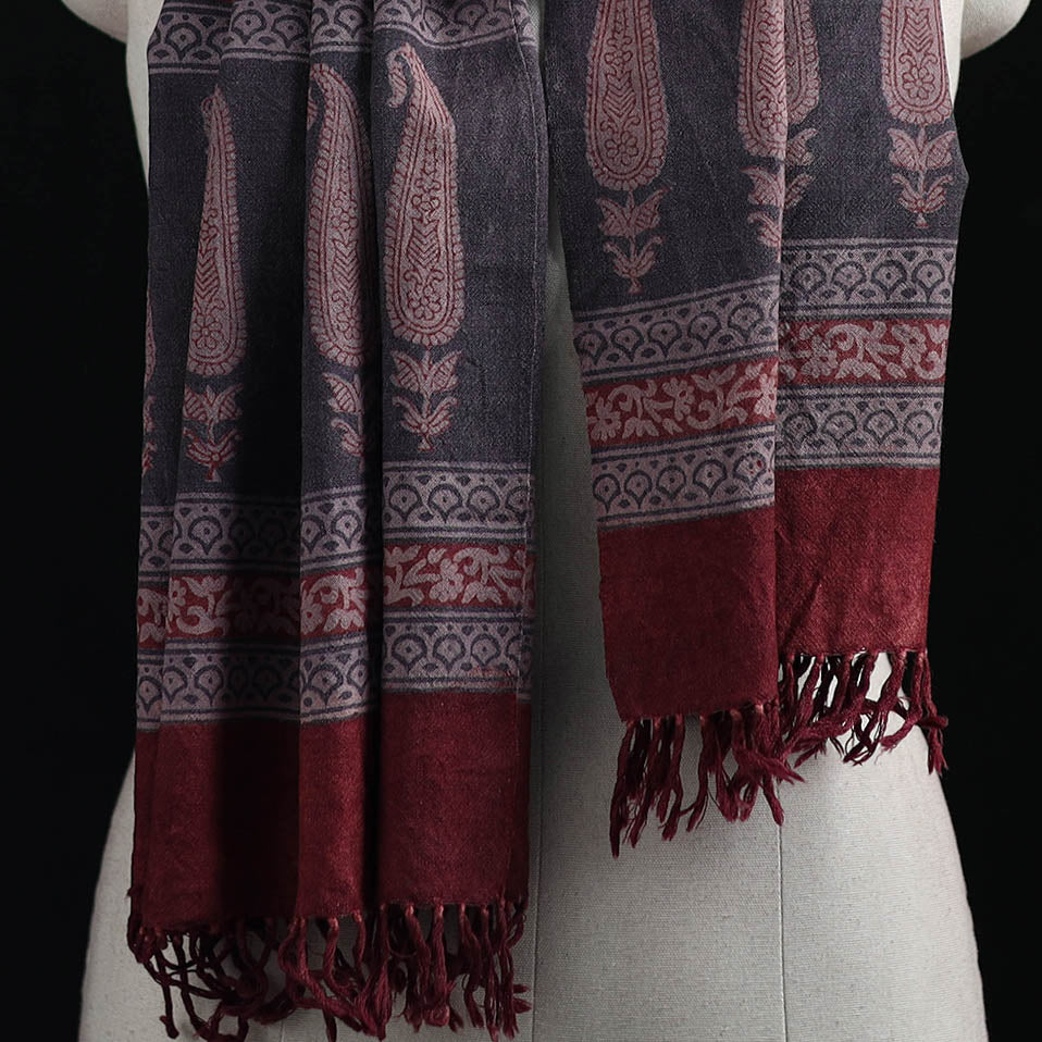 Handwoven Merino Wool Natural Dyed Hand Block Bagh Print Stole 08 - Image 2