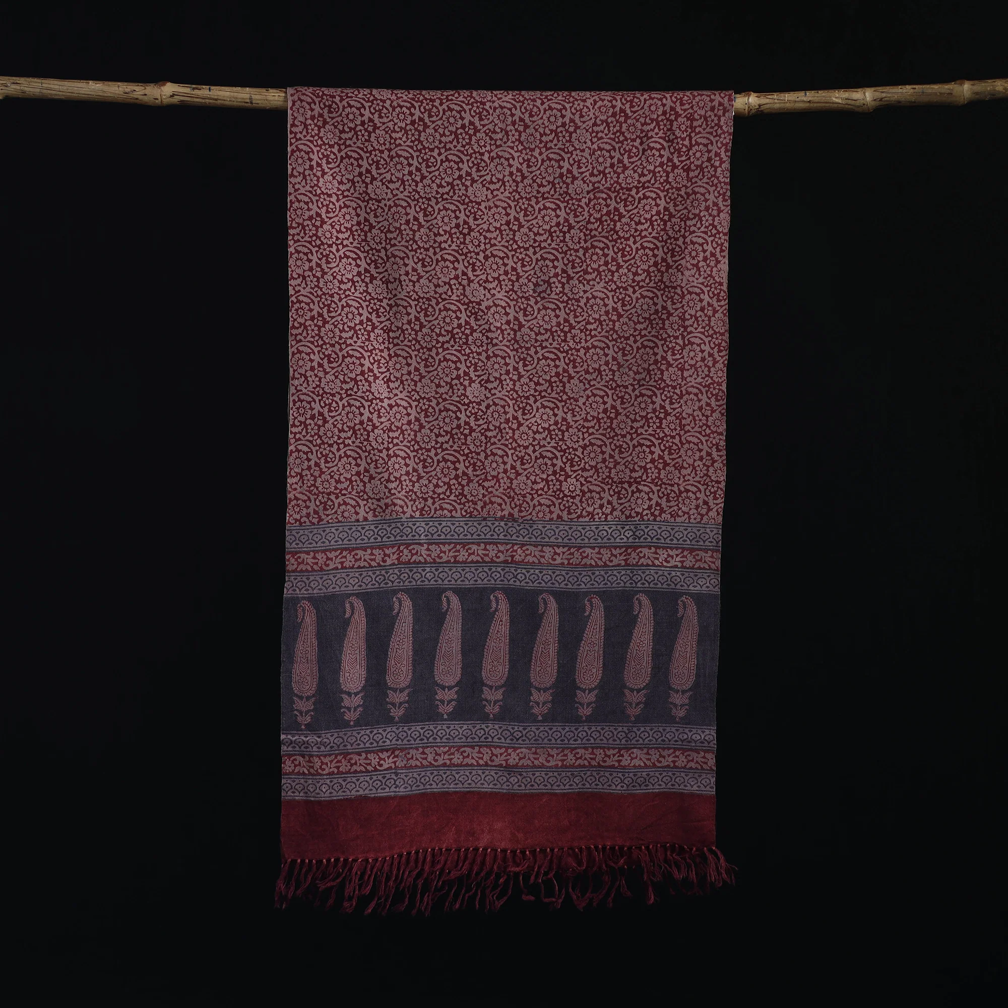 Handwoven Merino Wool Natural Dyed Hand Block Bagh Print Stole 08 - Image 3