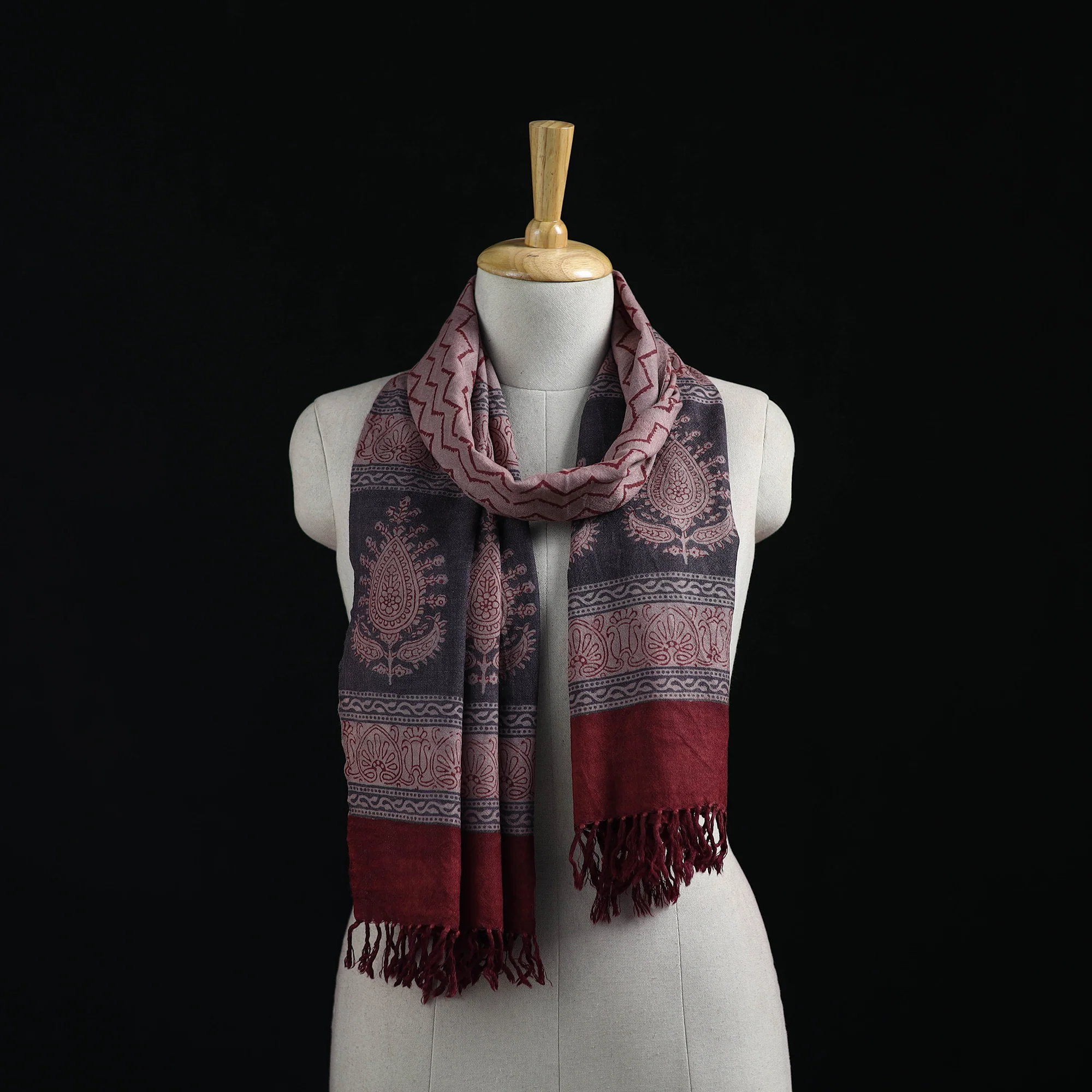 Handwoven Merino Wool Natural Dyed Hand Block Bagh Print Stole 09
