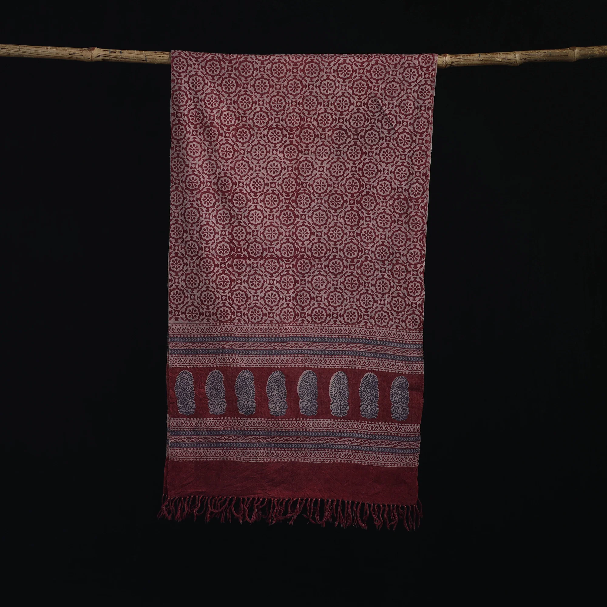 Handwoven Merino Wool Natural Dyed Hand Block Bagh Print Stole 10 - Image 3