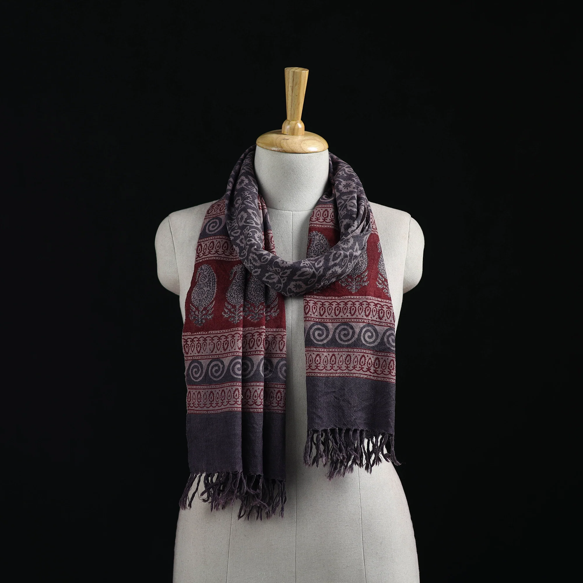 Handwoven Merino Wool Natural Dyed Hand Block Bagh Print Stole 11