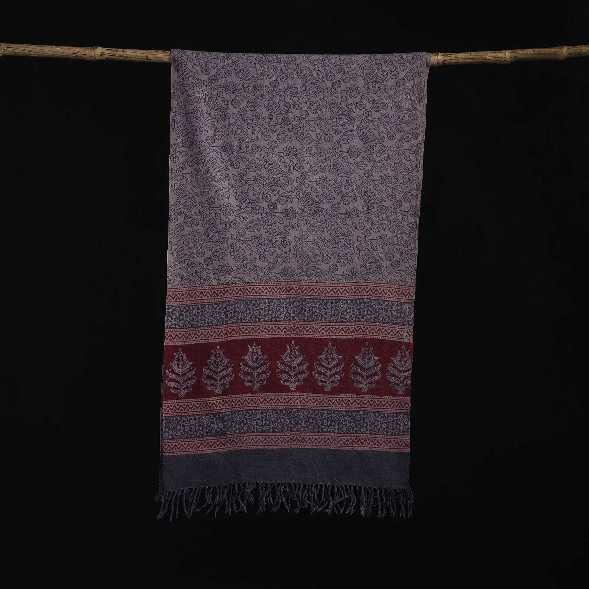 Handwoven Merino Wool Natural Dyed Hand Block Bagh Print Stole 12 - Image 3