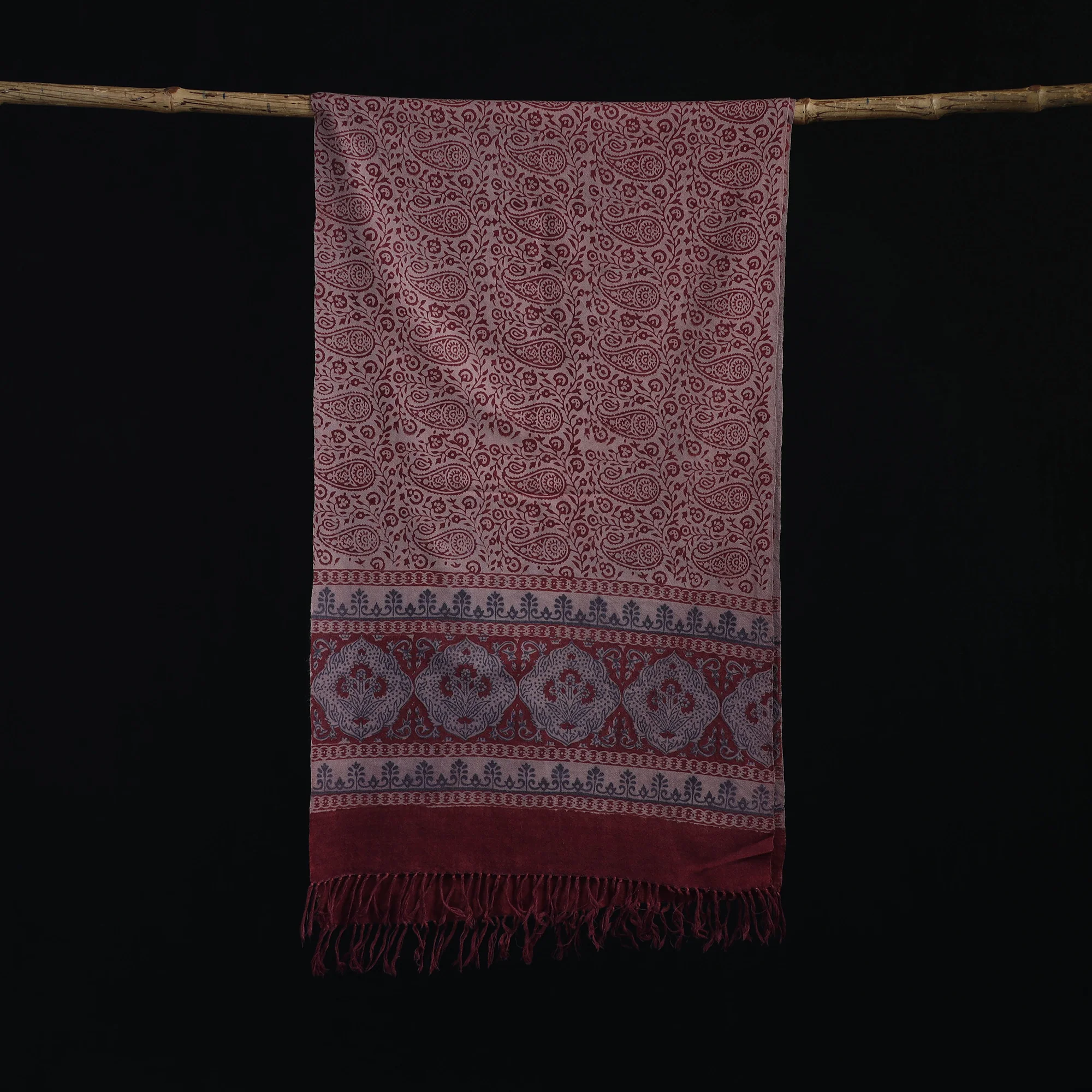 Handwoven Merino Wool Natural Dyed Hand Block Bagh Print Stole 13 - Image 3